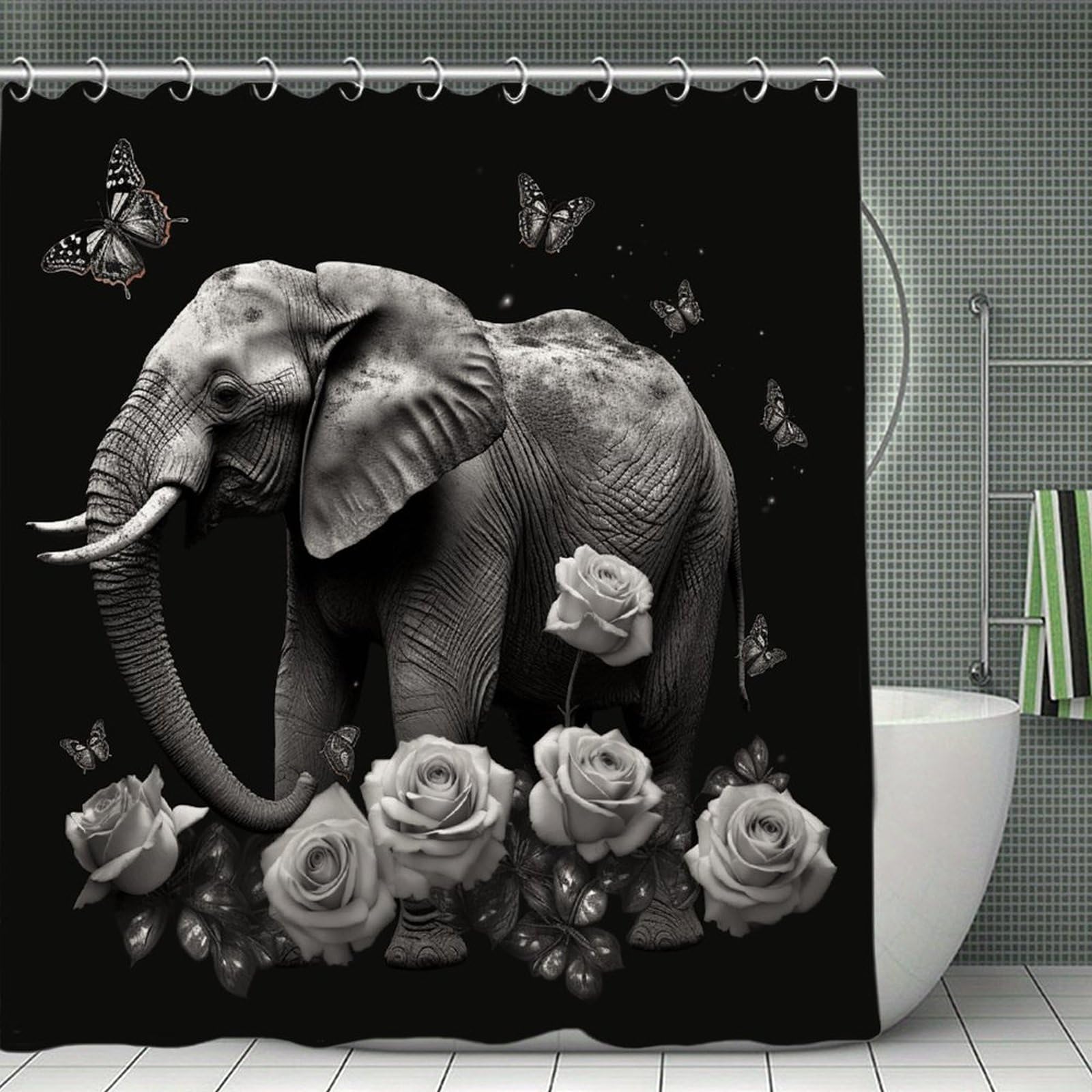 VstaDank Elephant and Butterfly Shower Curtain Waterproof Bathroom Shower Curtain with C Type Hooks Soft Lightweight Shower Curtains Liner Washable Polyester Cloth Shower Liner 71x71 Inch