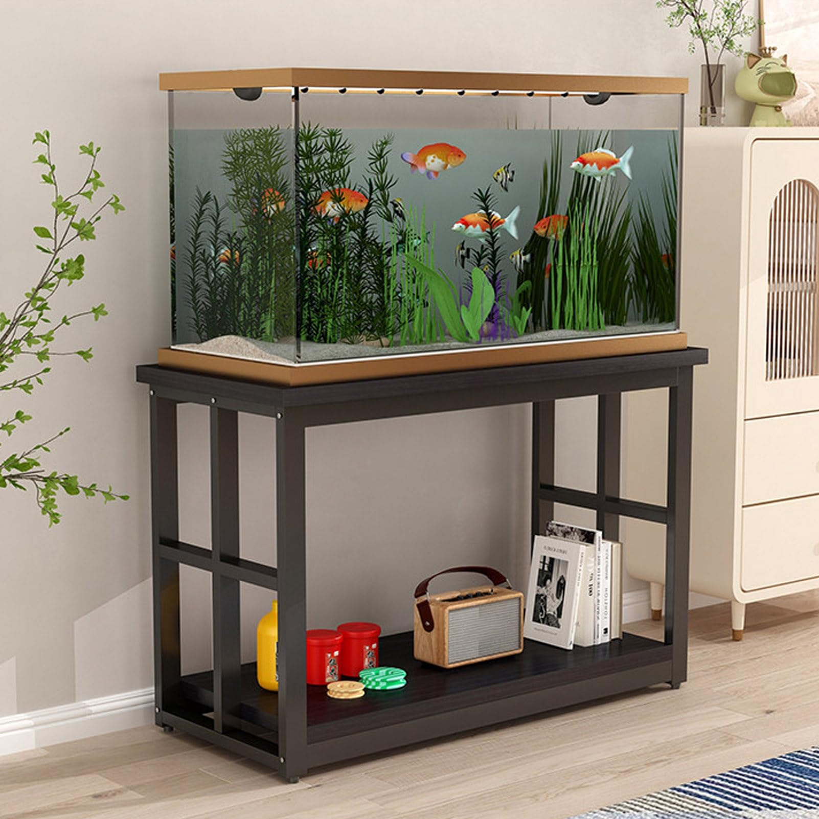 Soporte para Acuario de 2 Niveles con Almacenamiento, Soporte Metálico para Acuario con Patas Ajustables, Soporte para Tanque de Reptiles Para Oficina en Casa(Negro,120x50x70cm)