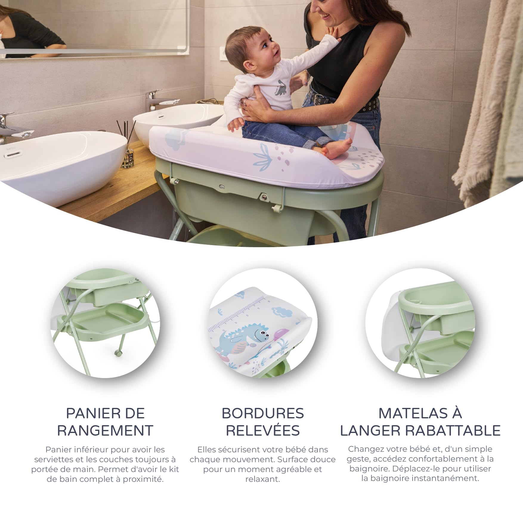 MS BabyWorld Bubble + Réducteur – Baignoire ergonomique pour bébé avec pieds et matelas à langer imperméable et rembourré | Fermeture compacte, organiseur, 4 roulettes avec freins (Vert/Blanc)