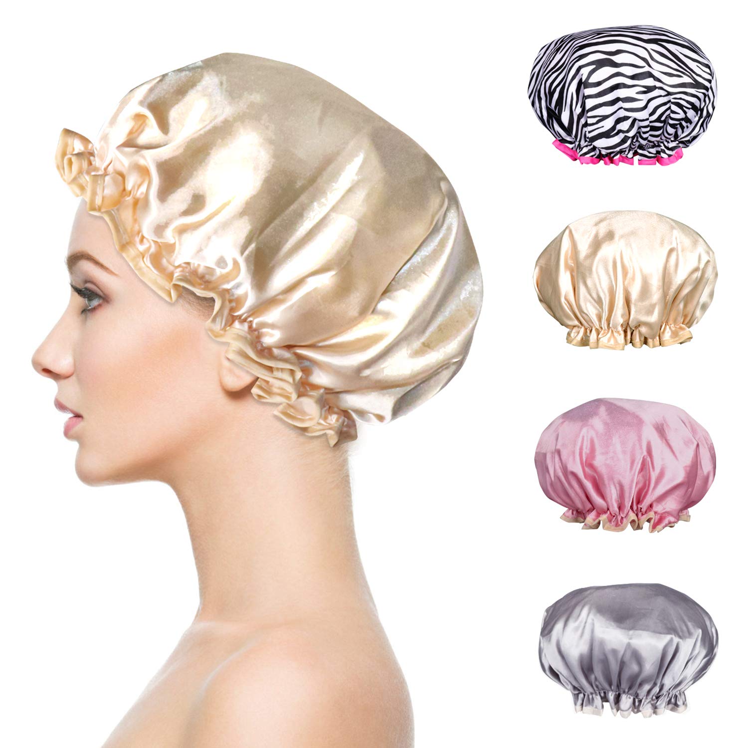 4 Pezzi Cappelli Da Bagno Per Donna E Ragazza - Foderati, Doppio Strato, Elasticizzati, Impermeabili