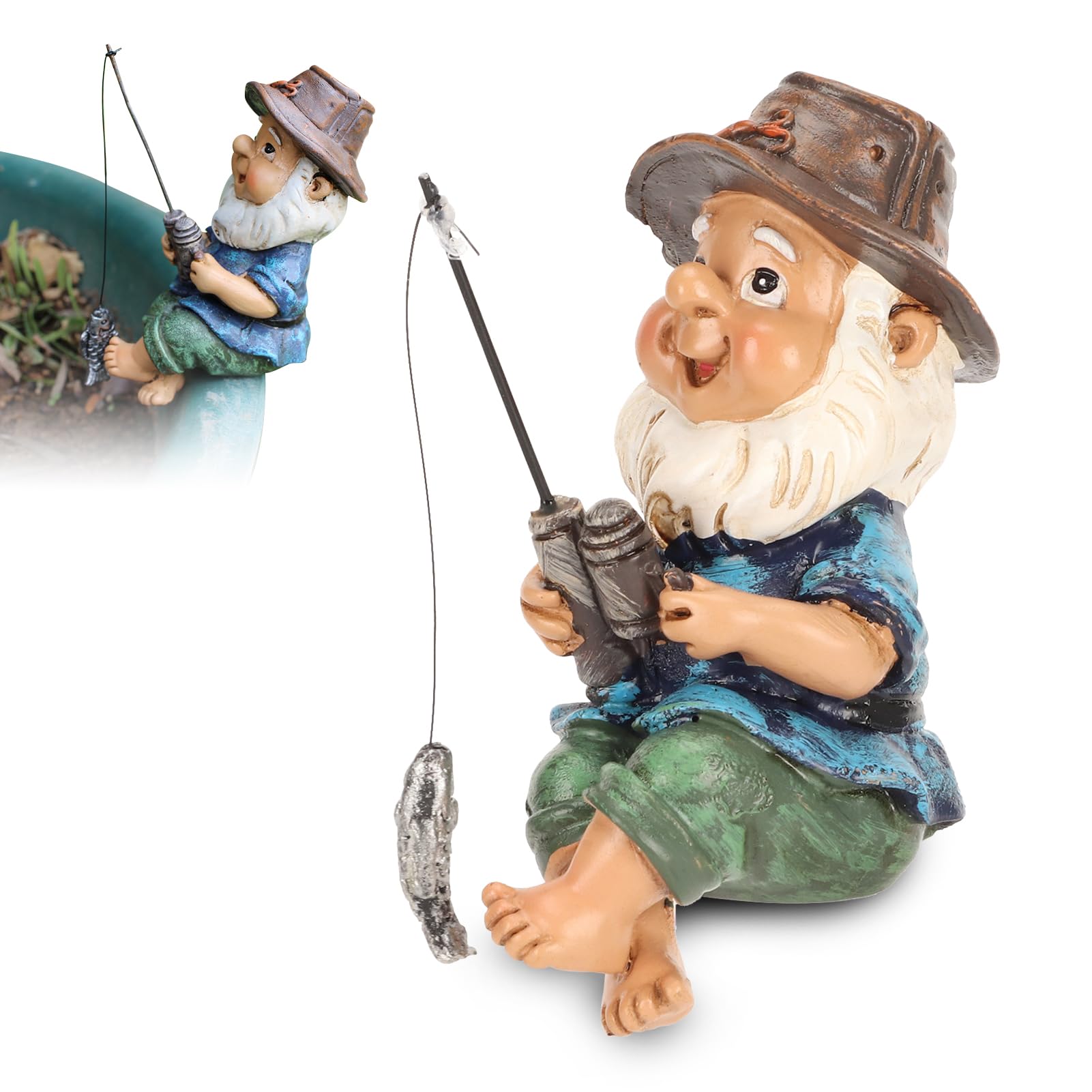 WGFOIP Fishing Gnome Sitter Statue, Resin Funny Fishing Design Garden Decor, Outdoor Lawn Gnome Statue for Yard and Pond