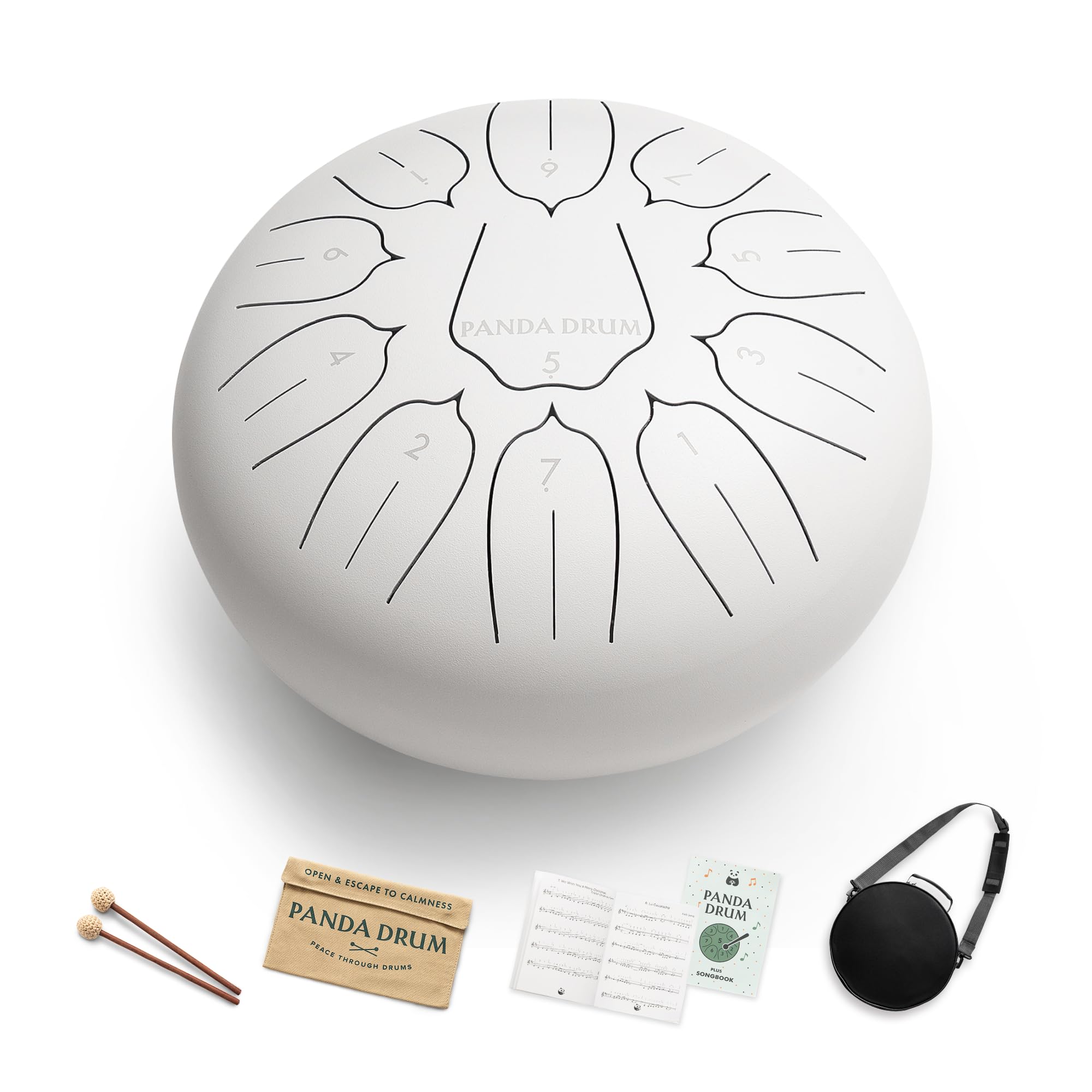 Plus White Steel Tongue Handpan with Music Book Mallets Carrying Bag Finger Picks 11 inch 432 Hz Rain