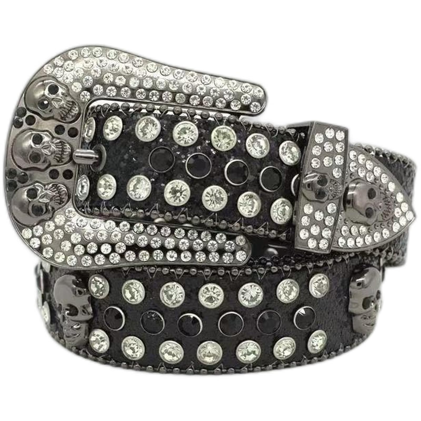 AGUTALITHIC Rhinestones Studded Belt Sparkly Sequin Shine Engraved Skull Head Western Leather Strap with Crystal Prong Buckle(110cm/43, Black)