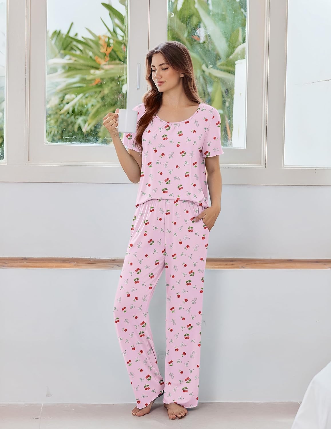 Ekouaer Womens Pajama Sets Viscose from bamboo Lounge Set Soft Pajamas for Women Set Short Sleeve and Long Pants Sleepwear - Image 3