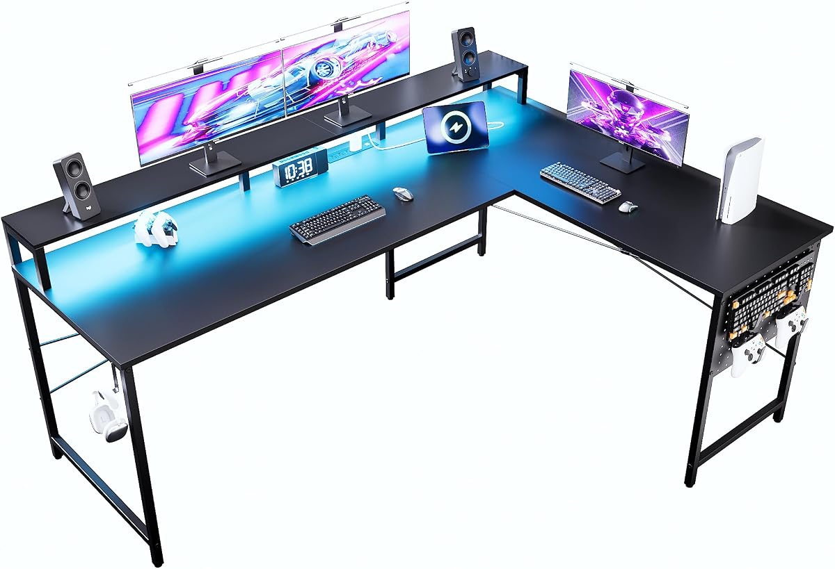 Pamray 64 Inch L Shaped Gaming Desk with Monitor Stand and Power Outlets | Large Corner Computer Desk With Pegboard & Led Lights USB Charging Ports for Home Office Study and Writing Bedroom and Dorms