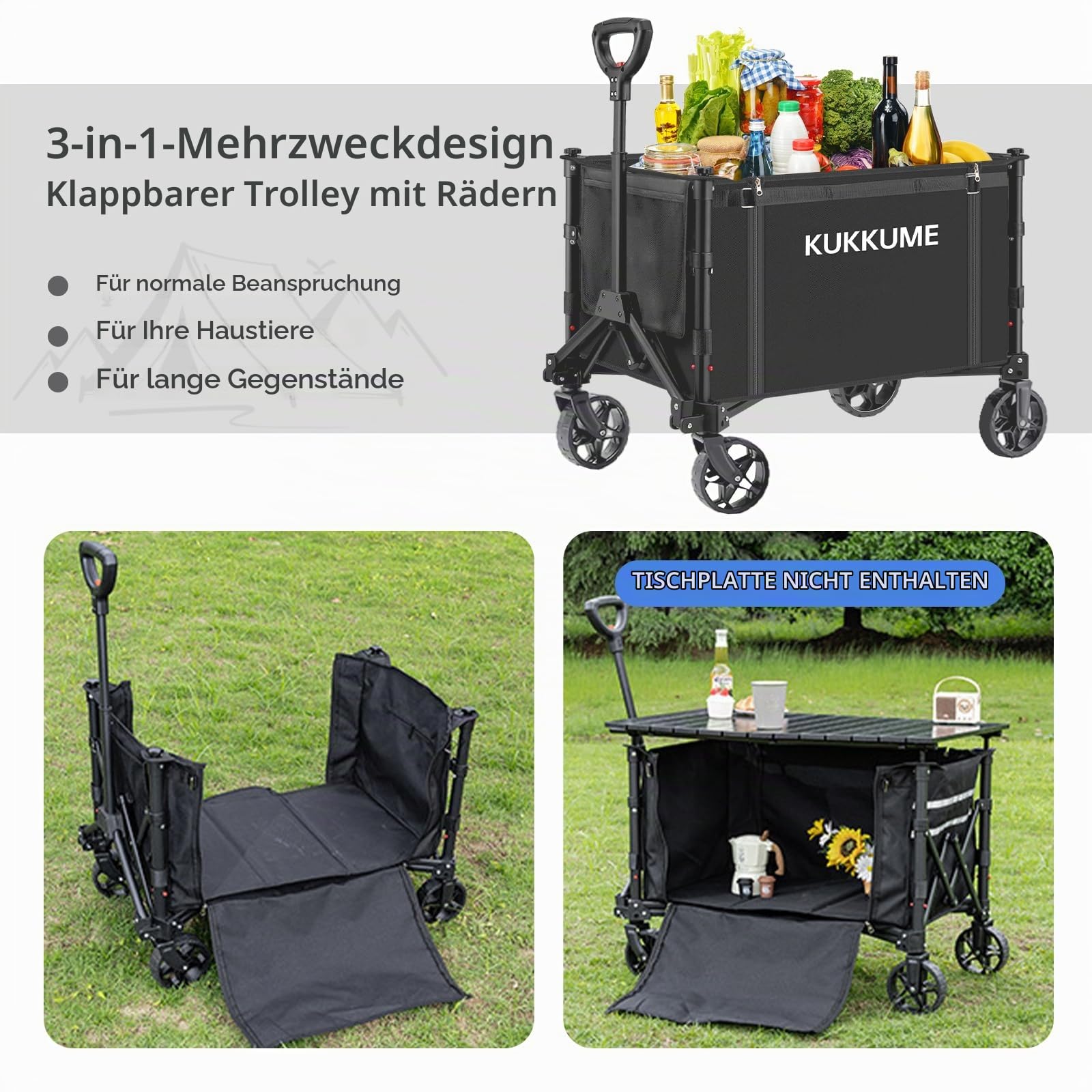Bollerwagen Faltbar 120L 100KG Faltbarer Bollerwagen Strand Klappbarer Handwagen mit Reflektorstreifen und Verstellbarem Griff für Garten Sport Einkauf Camping Schwarz
