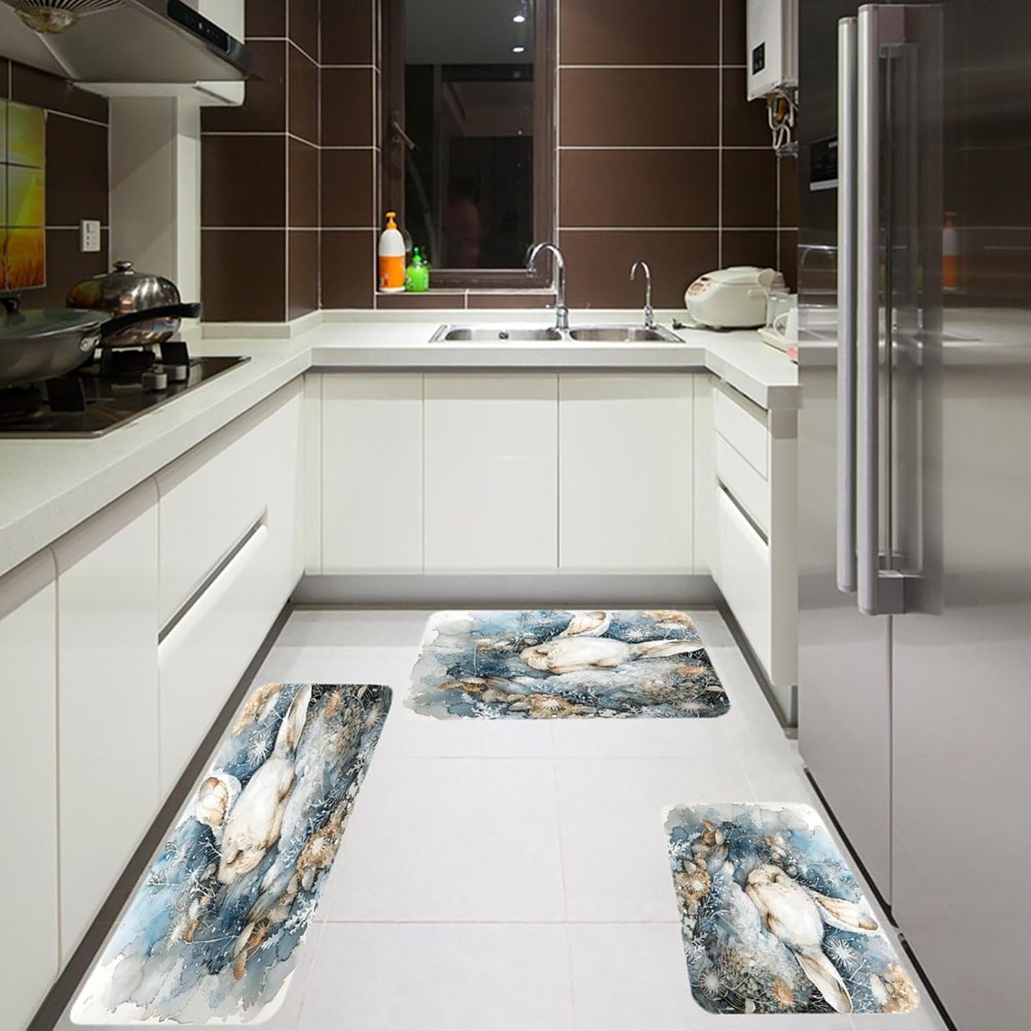A Sleeping Rabbit Kitchen Mats Soft Absorbent Rugs for Floor Non Slip Washable Kitchen Mats Fashion Rectangular Rugs for Three-Piece Set for Laundry Office Home Sink