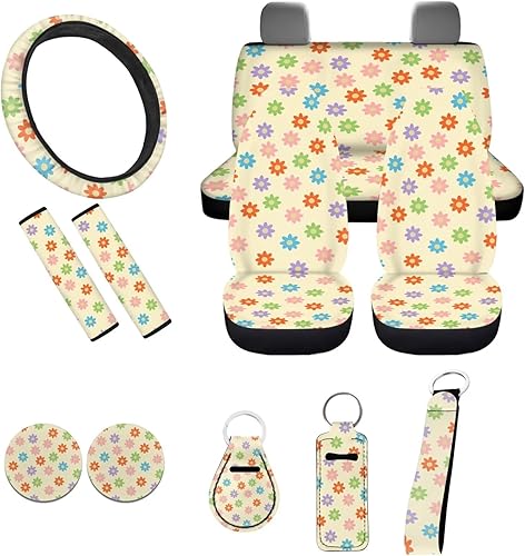 Accesorios estéticos para automóvil, juego completo de fundas de asiento de automóvil con flores bohemias para mujeres, damas, juego de decoración