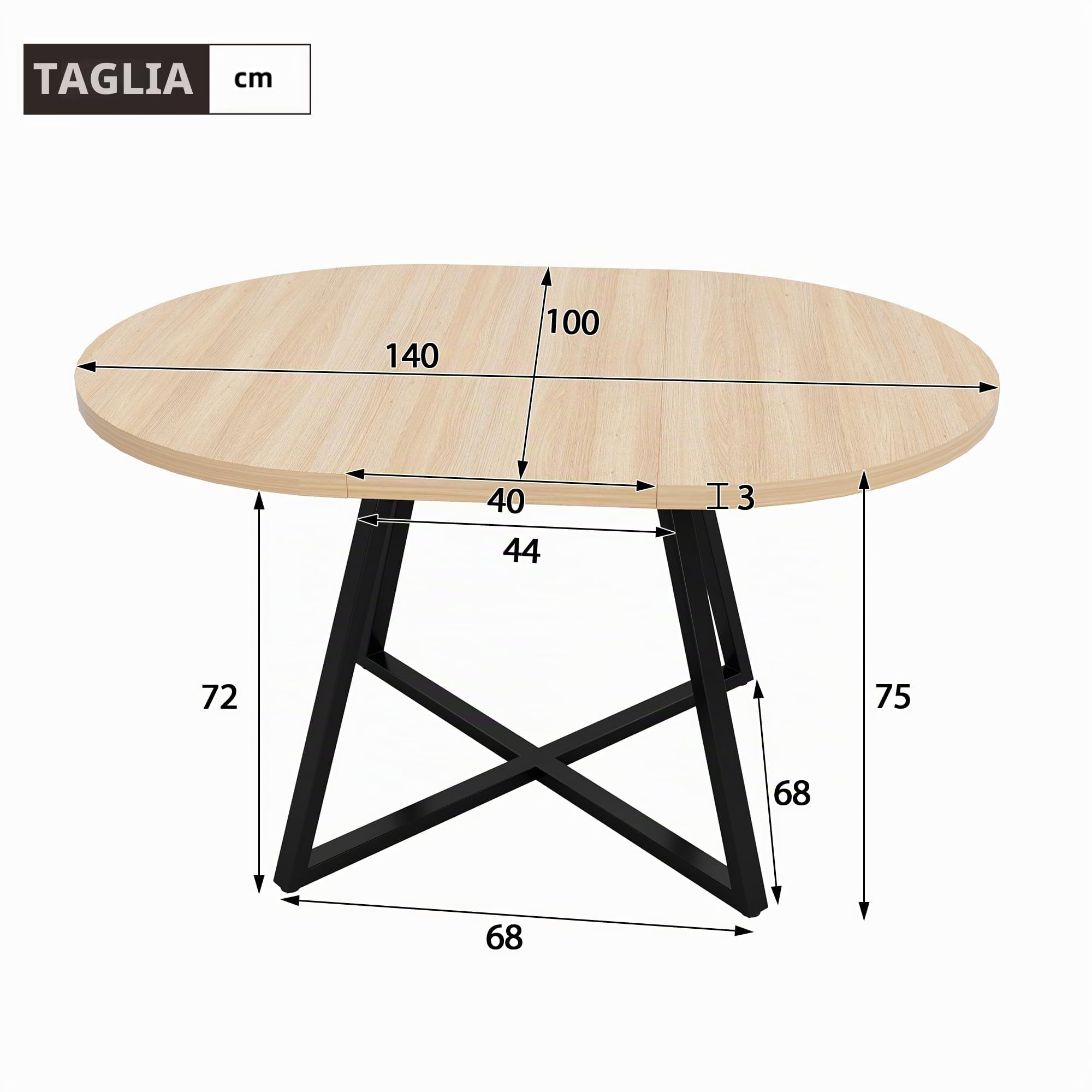 STAPERFO Tavolo da pranzo rotondo allungabile 100/140 x 100 cm per 4-6 persone – con piano in MDF spesso 3 cm e gambe in metallo stabile, salvaspazio per sala da pranzo, cucina, soggiorno (effetto