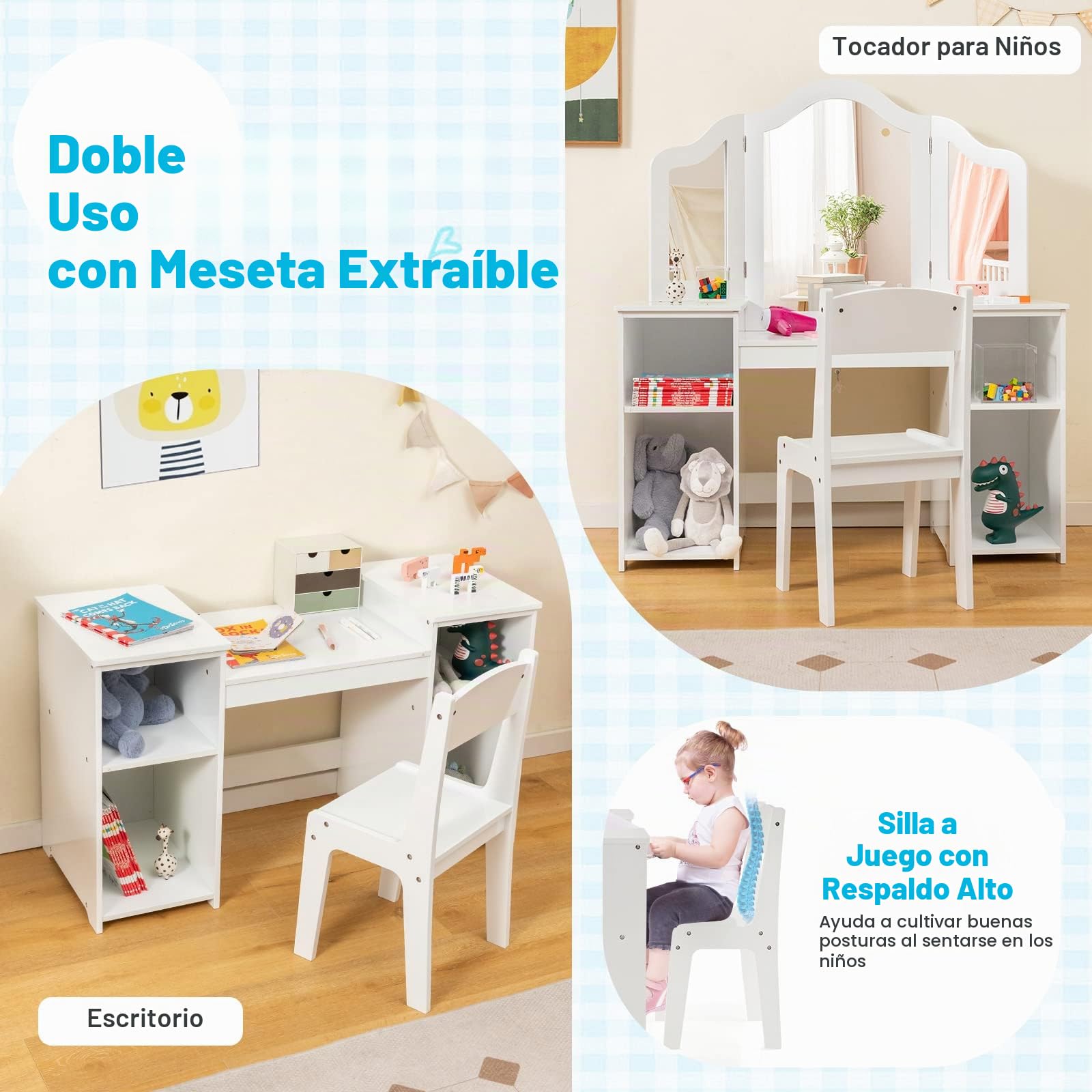 Juego de tocador 2 en 1 para niños con silla, mesa de maquillaje de madera para niñas, espejo extraíble, 4 cajones de almacenamiento, perfecto para decoración de sala de juegos y dormitorio