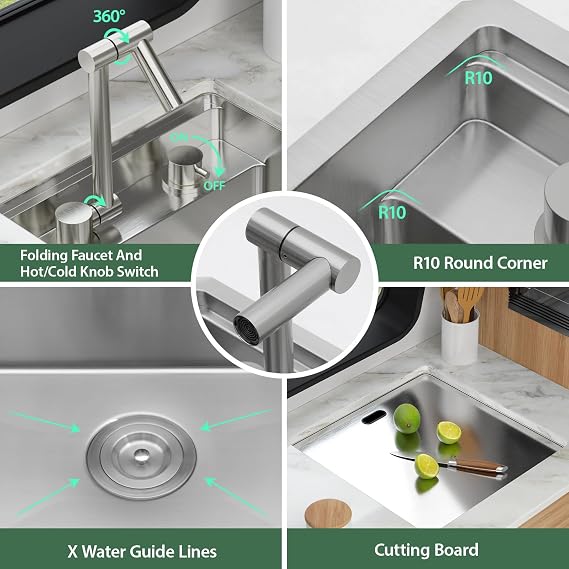 18x18 Inch Outdoor Undermount Workstation RV Sink with Folding Faucet