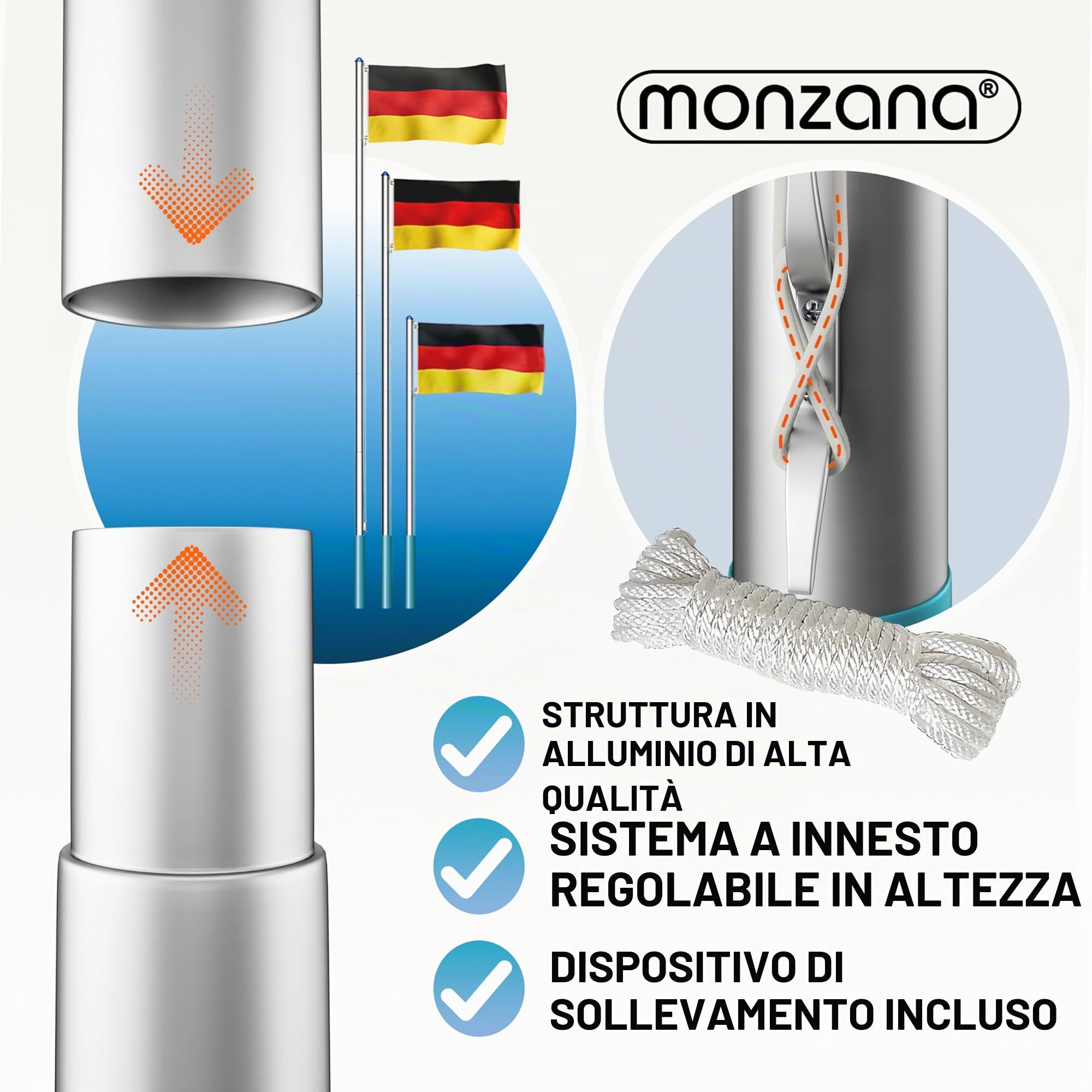 MONZANA Set Montaggio Bandiera Asta Alluminio 6,5 m con Fune Moschettone Gancio Regolabile