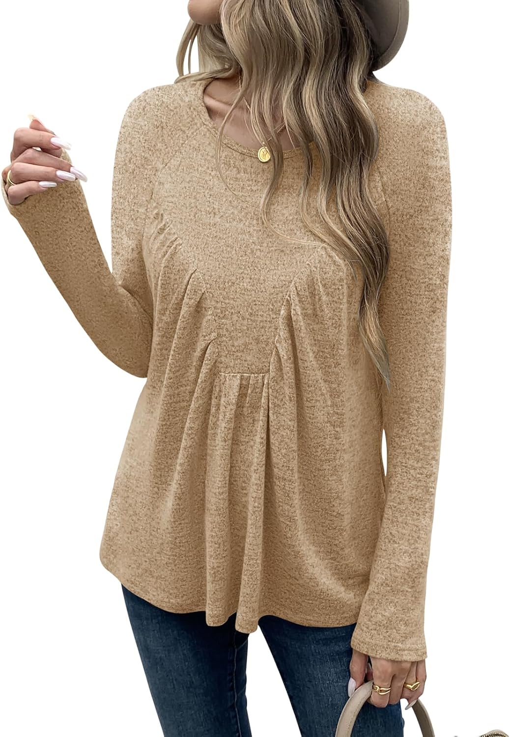 Womens Tops Fall Fashion 2025 Crewneck Long Sleeve Shirts Casual Loose Pleated Tunic Flowy Babydoll Blouses - Image 5