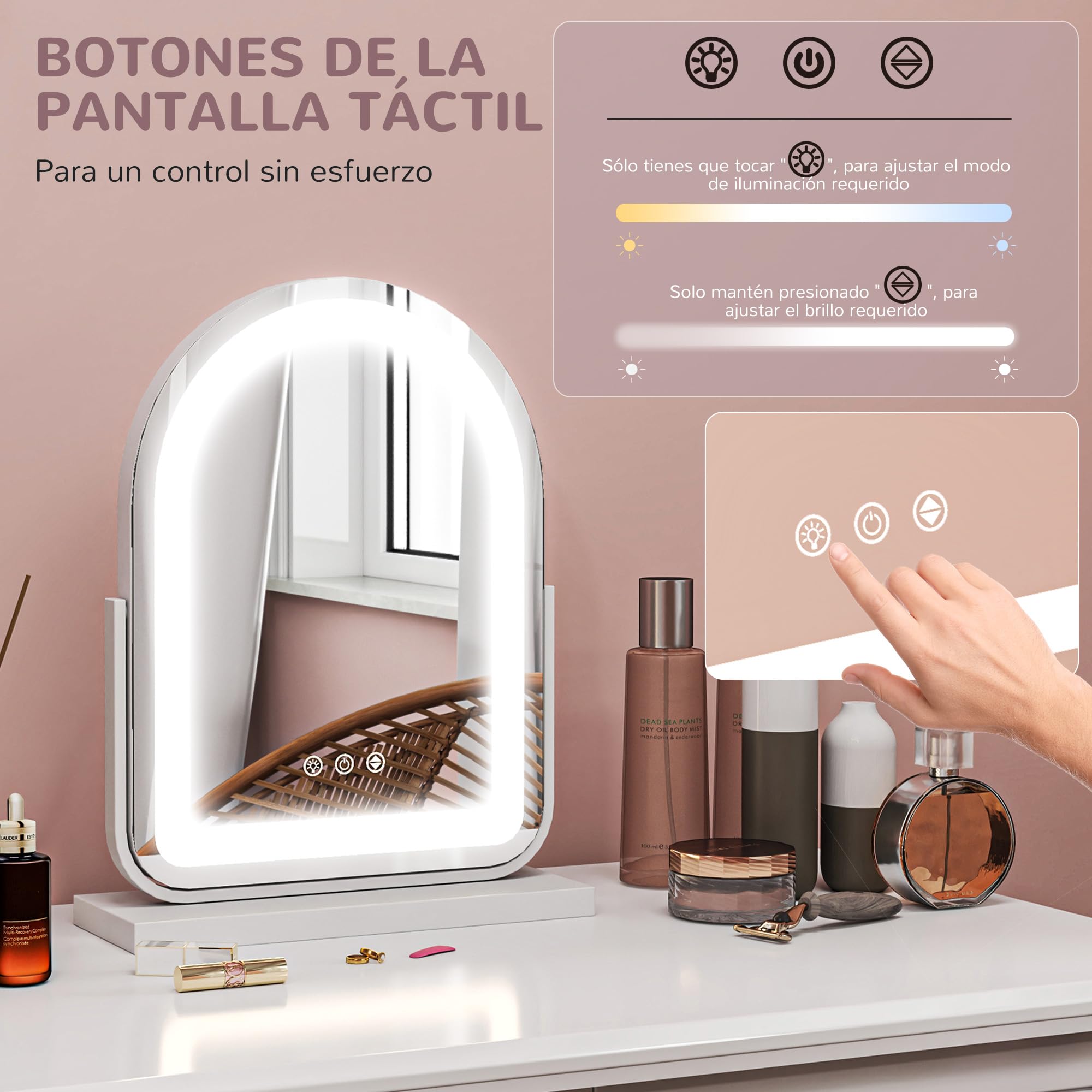 HOMCOM Espejo Maquillaje con Luz LED Espejo Tocador Giratorio con 3 Modos de Iluminación Ajustables Interruptor Táctil Rotación Regulable de 360° y Función de Memoria Blanco