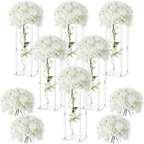 Geetery Soporte de acrílico alto para bodas, centros de mesa, jarrón transparente y elegante, con flores de hortensias artificiales para bodas,