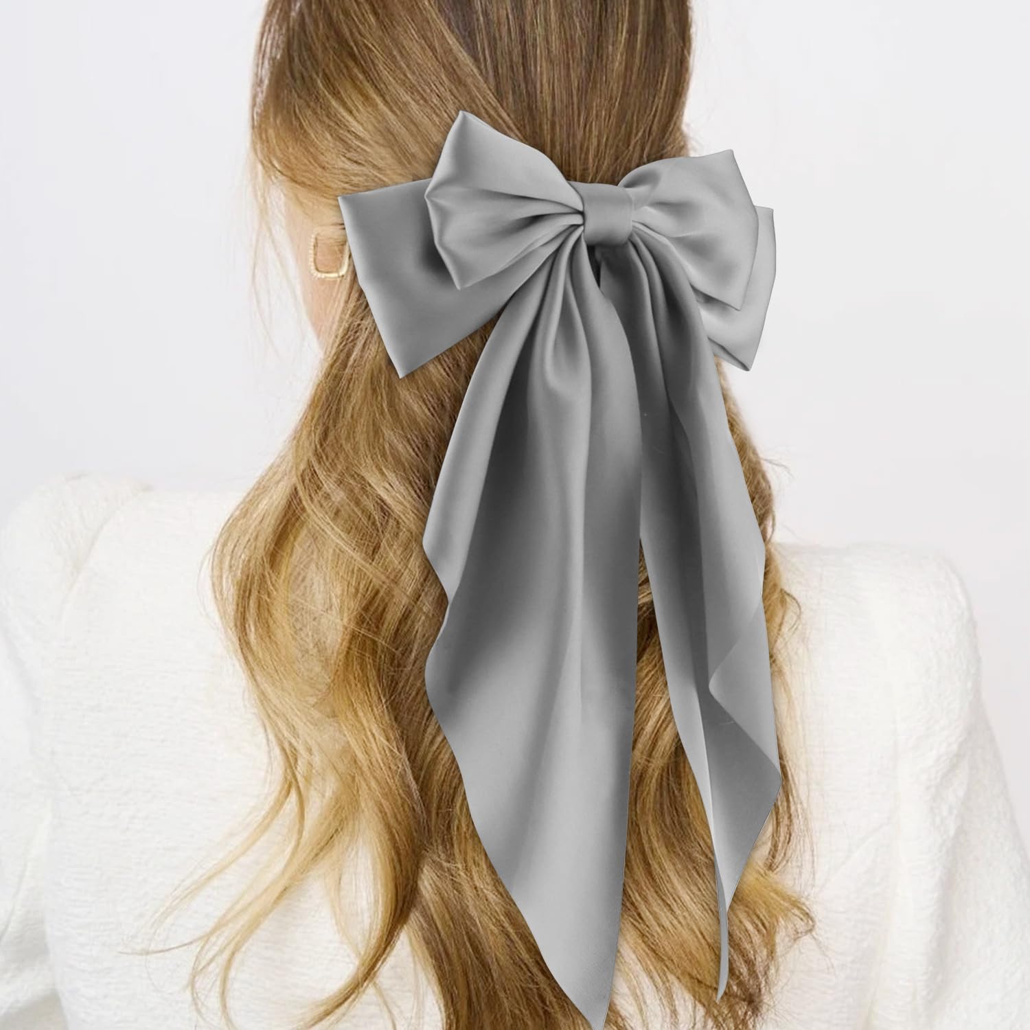 ATODEN Lazos para el cabello para mujer, lazo de satén sedoso, 4 cintas para el cabello de gran tamaño, lazos de cola larga, clips de metal para el cabello, accesorios para el cabello para niñas,