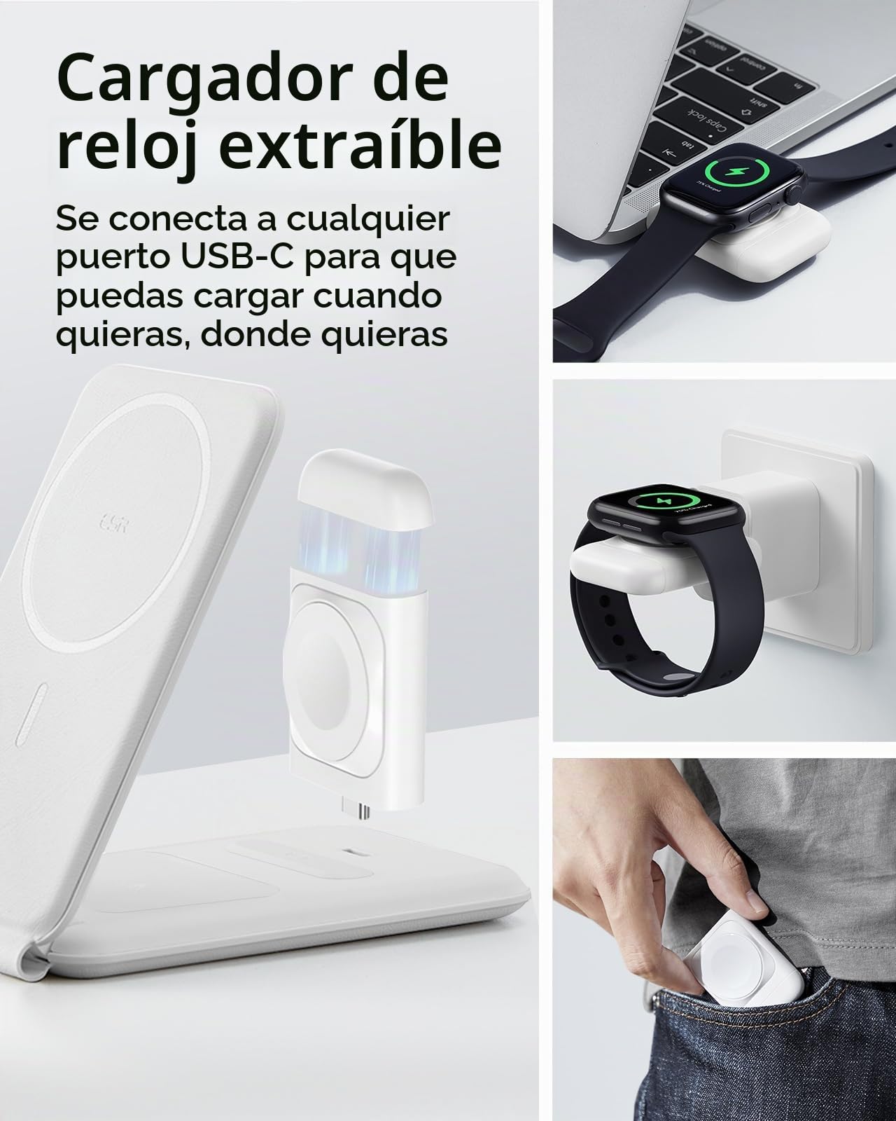 ESR Cargador Inalámbrico 3 en 1, Base Cargador para iPhone y Apple Watch, Estación de Carga MagSafe, para iPhone 17/16/15/14/13/AirPods 4/Pro, Blanco