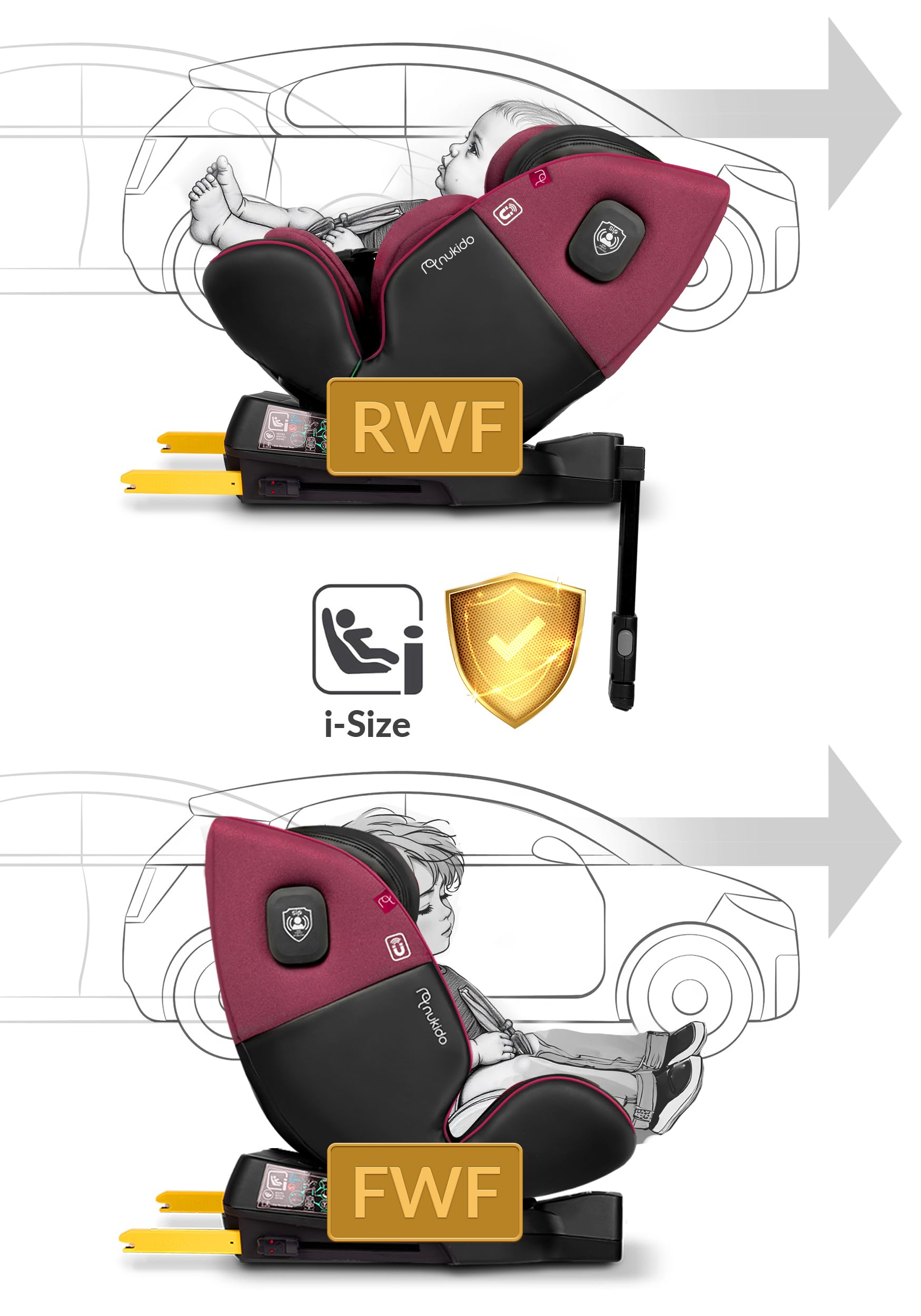 Nukido Kindersitz 360 Drehbar Autositz Kinder Kinderautositz i-Size ISOFIX 5 Punkt Sicherheitsgurt 0-12 Jahre Bis 36 kg Schwarz Rosa Prestige Line