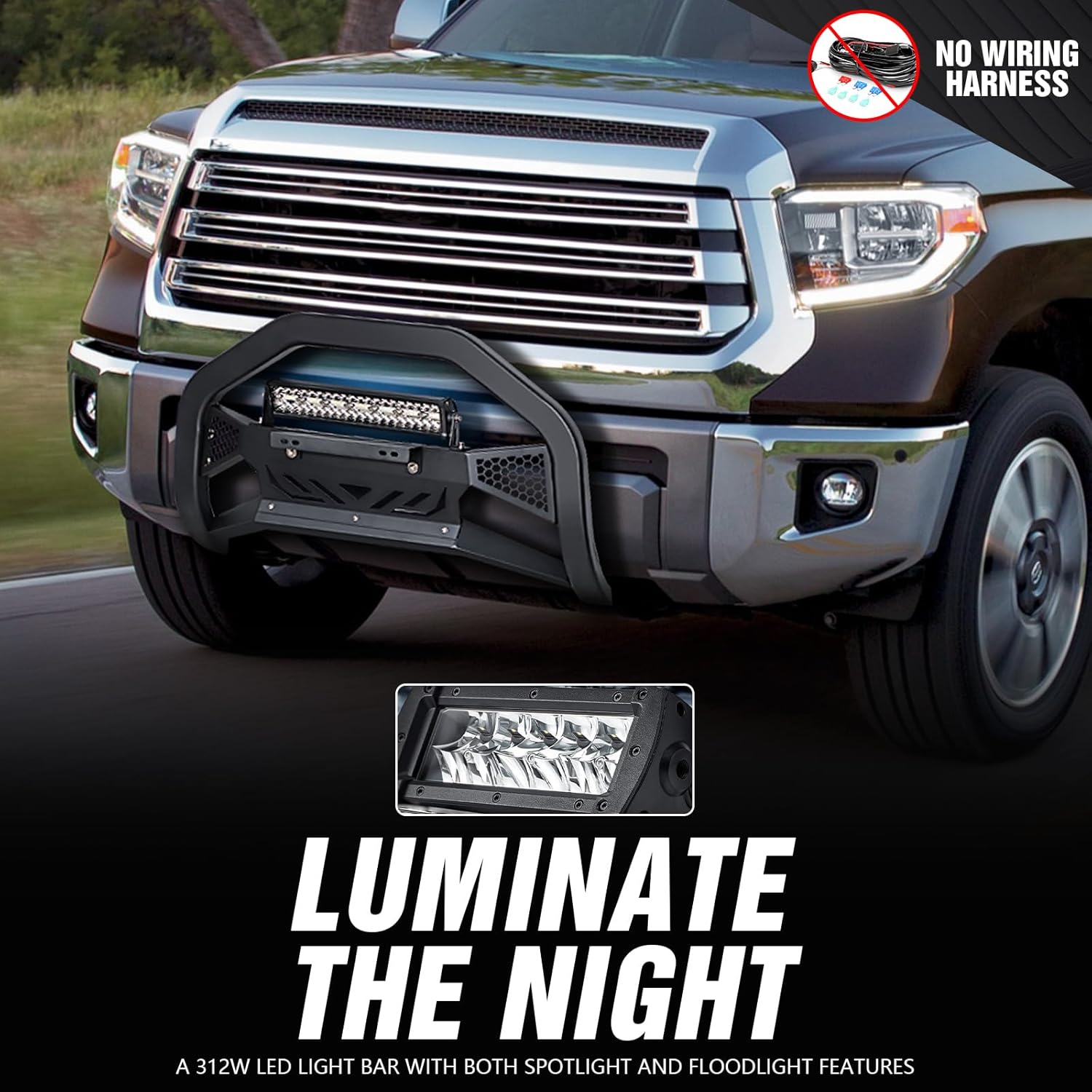 Bull Bar with License Plate Frame & LED Light Bar Compatible for 2007-2021 Toyota Tundra, Truck Grille Guard Brush Push Bar Front Bumper (Include Light Mount & Skid Plate)