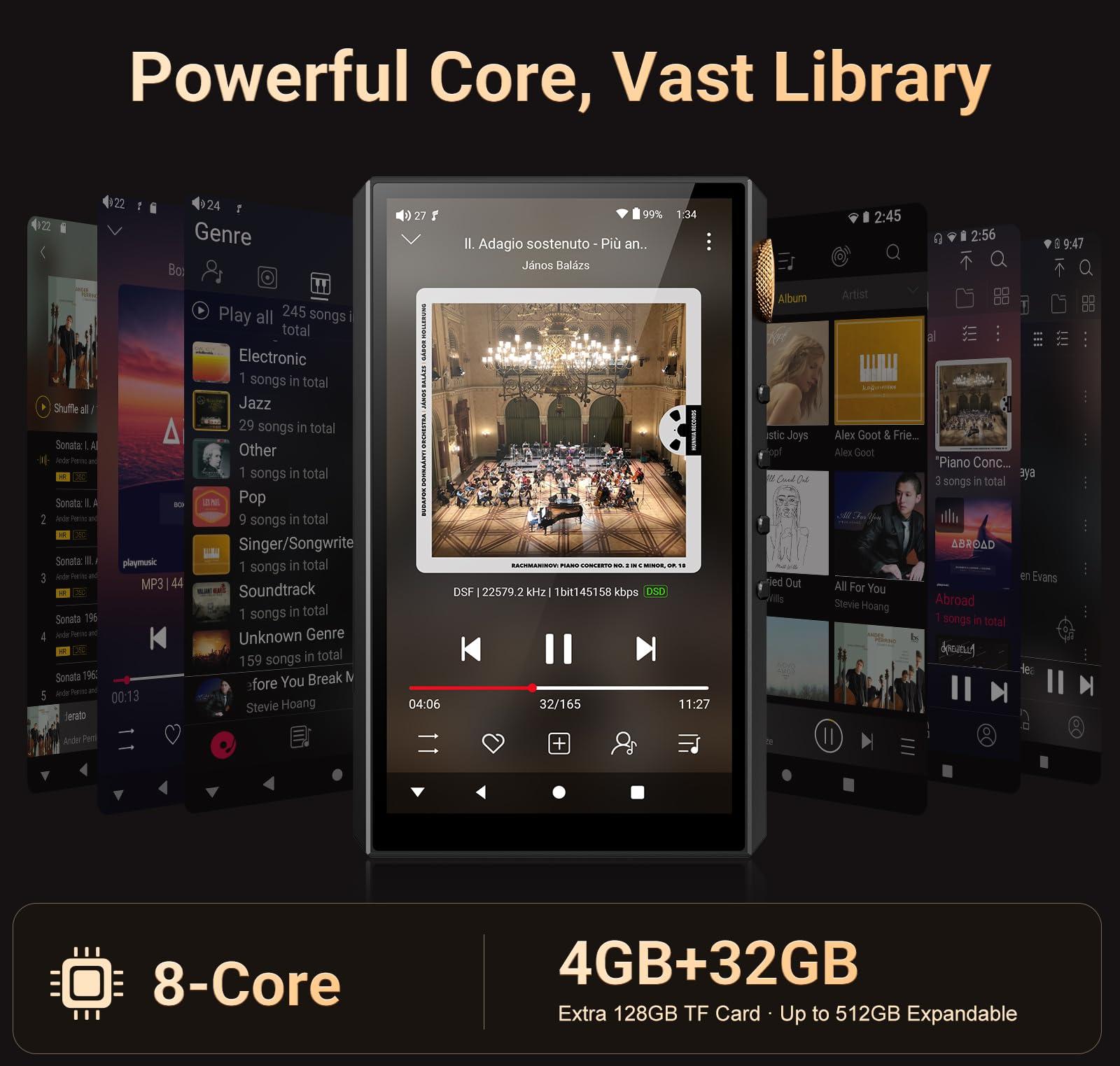 160GB Reproductor Hi-Res, Oilsky Reproductor MP3 HiFi con Bluetooth y WiFi, 4.4mm Balanced, Dual ESS DAC, 4,02'' sin Pérdidas DSD512 Digital Audio Música Player (Negro)