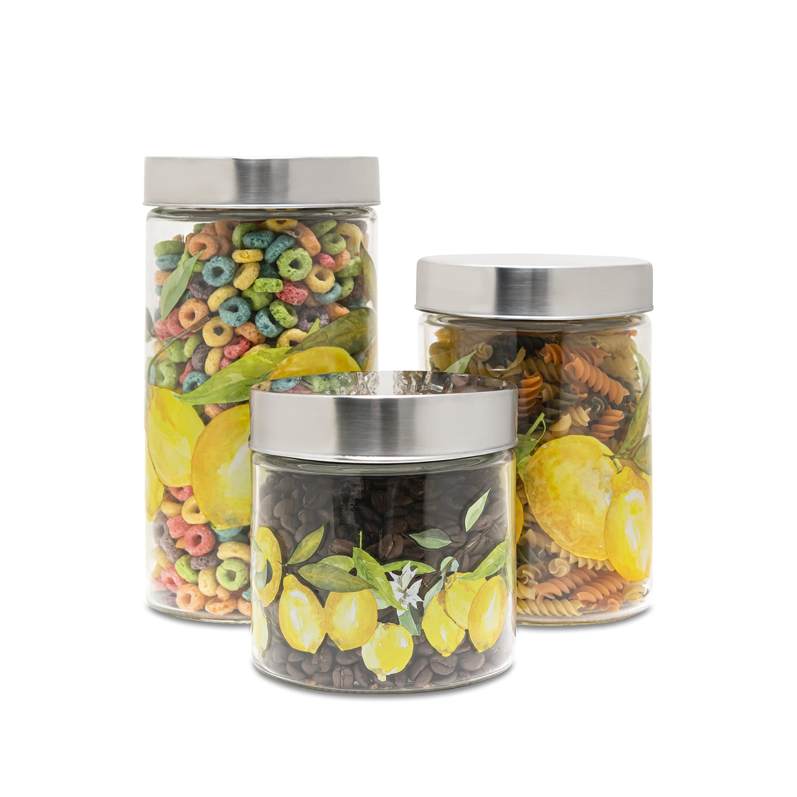 Canister Set 3-Piece Glass Jars in 59oz by American Atelier – Canister, 30.0 ounces, Glass, Lemon Branches, Pack of 3