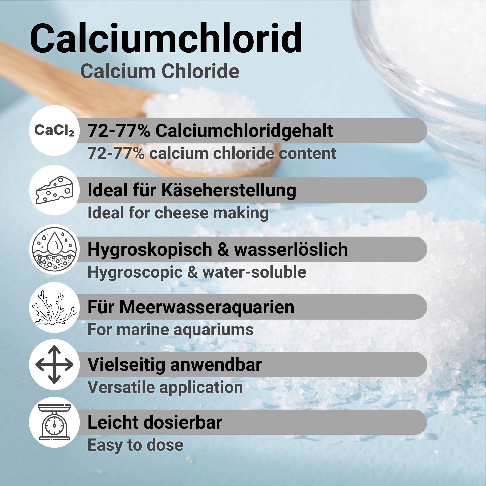 Calciumchlorid Dihydrat 3kg Lebensmittelqualität E509, hochreines Pulver (CaCl₂·2H₂O) – für Käseherstellung, Obst und Gemüse, Kosmetik, Aquaristik, Wasseraufbereitung