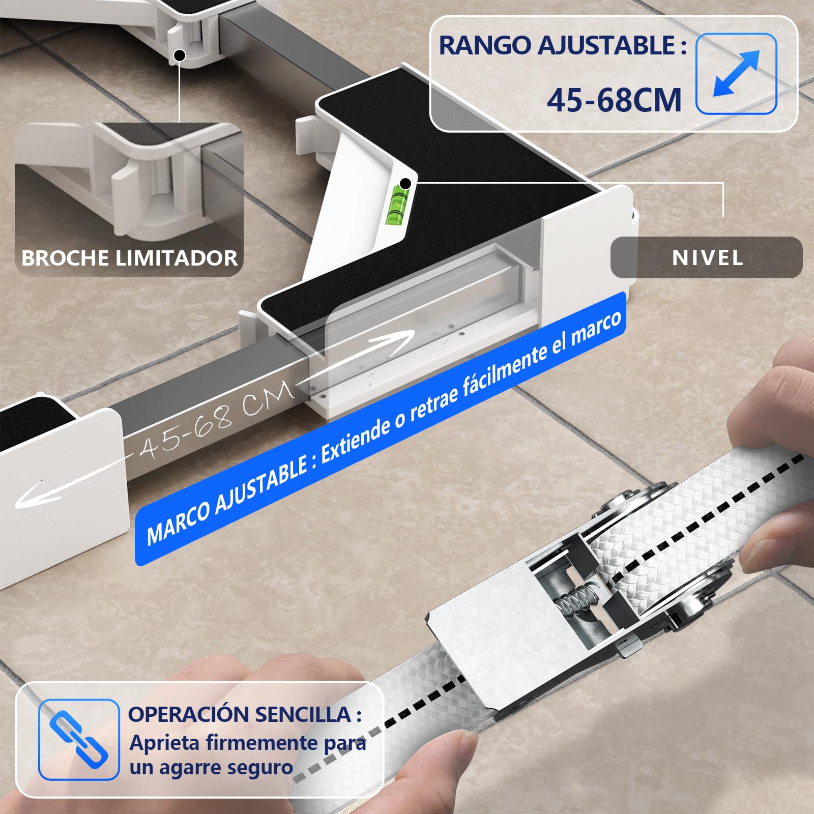 Kit de apilamiento universal para lavadora y secadora, Rango de marco ajustable de 45 a 68 cm, Ofrece soluciones para apilar lavadoras y secadoras de diferentes tamaños (Blanco) — view 6