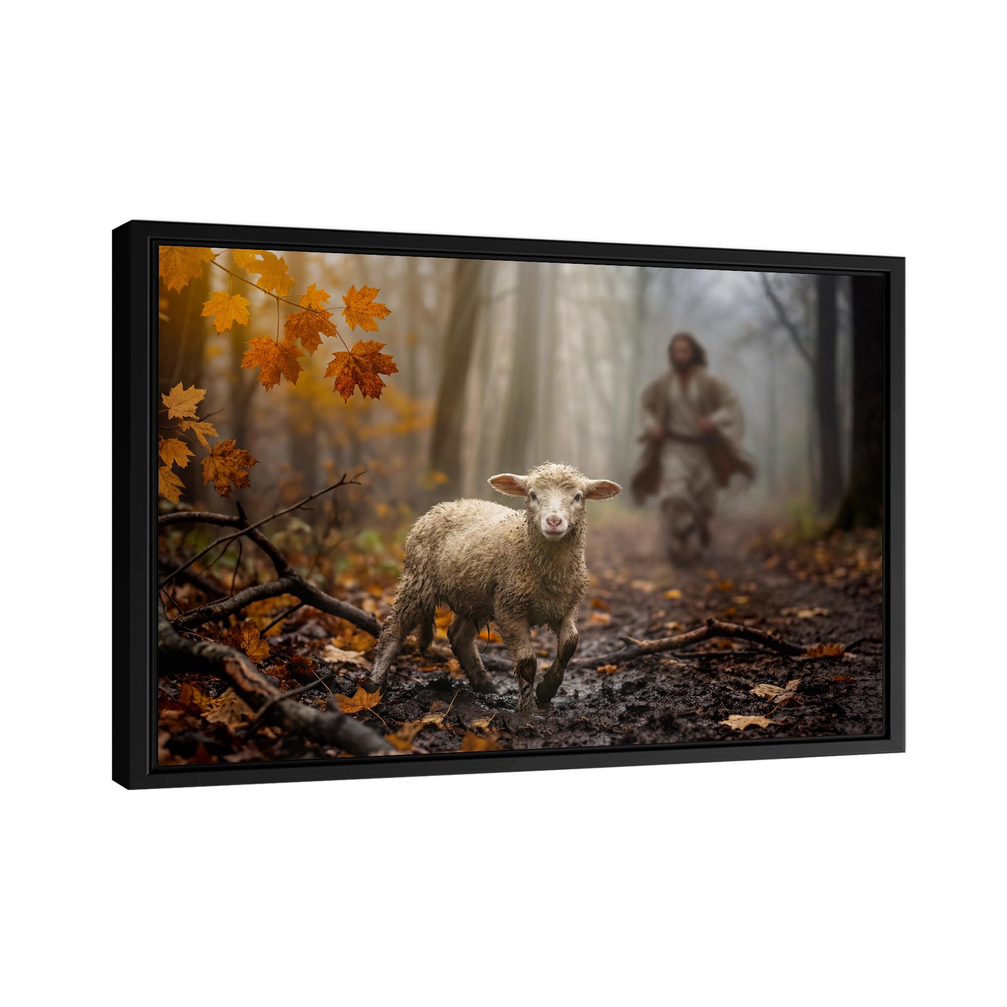 Awesometik Jesus Running After Lost Lamb Wall Art – Christian Canvas Print Jesus and Lamb Painting, Inspirational Religious Home Decor for Living Room, Office, Church