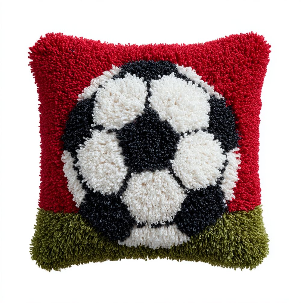 Rqwybcaxn Latch Hook Kits, Latch Hook Kit for Beginners Football Soccer Throw Pillow Cover Pattern Printed Sofa Cushion Crochet Needle for Carpet Embroidery 17X17Inch