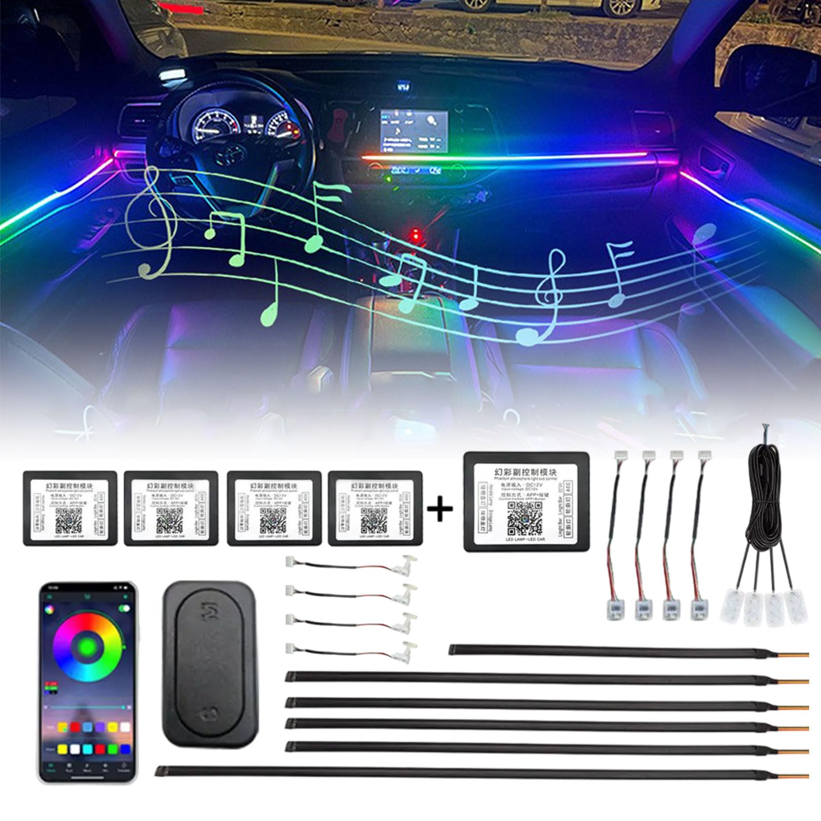 Iluminación interior LED para coche, tira de iluminación ambiental acrílica para coche, con 593 LEDs, kit de iluminación ambiental de fibra óptica, 16 millones de colores, función activa de sonido