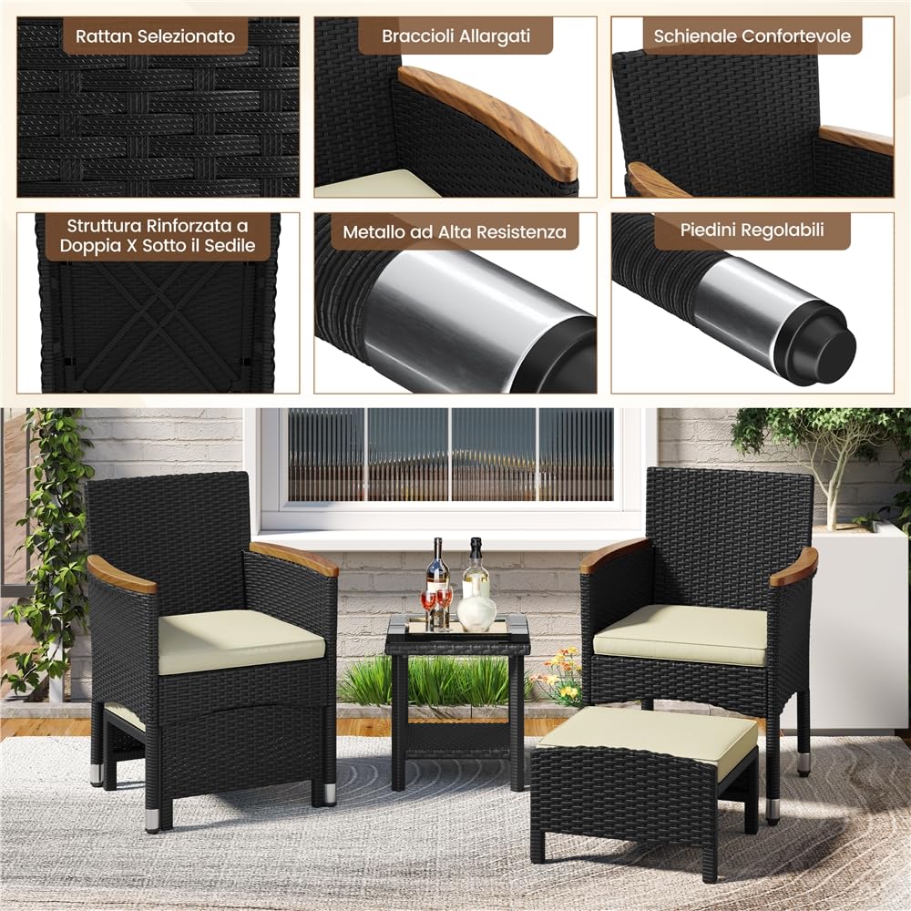 Yaheetech Set di 5 Mobili da Giardino in Rattan PE Mobili da Balcone con 2 Poltrone 2 Poggiapiedi 1 Tavolino in Vetro per Esterno Patio Terrazza Nero/Beige