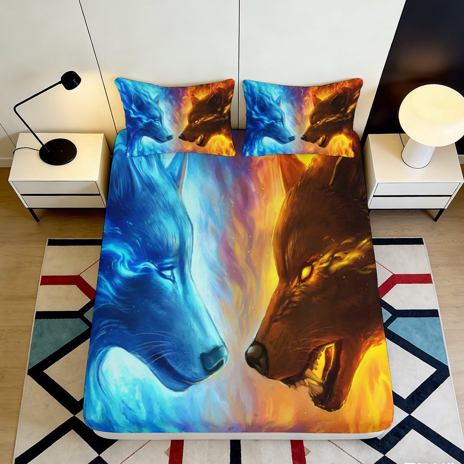 3D Printed Blue Fire Wolf Fitted Sheet Microfiber Soft Decorative Orange Flame Mattress Cover for Bedroom Dorm 90x200x25cm