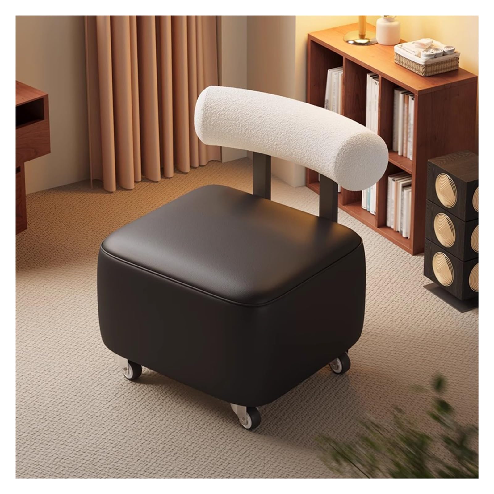 WDSOPK Leather Rolling Stool with Wheels,Portable Vanity Chair Mini Shoe Stools,Comfortable Ergonomic Pulley Stools Chair with Backrest and Thick Padded Seat（Black）