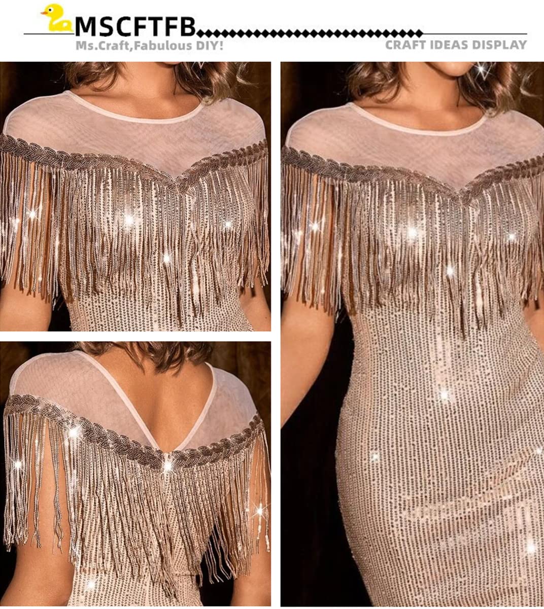 Star Shape Sequin Tassel Trim - 5 Yards, 2.5" Width, Silver Fringe Lace For DIY Dress Decor