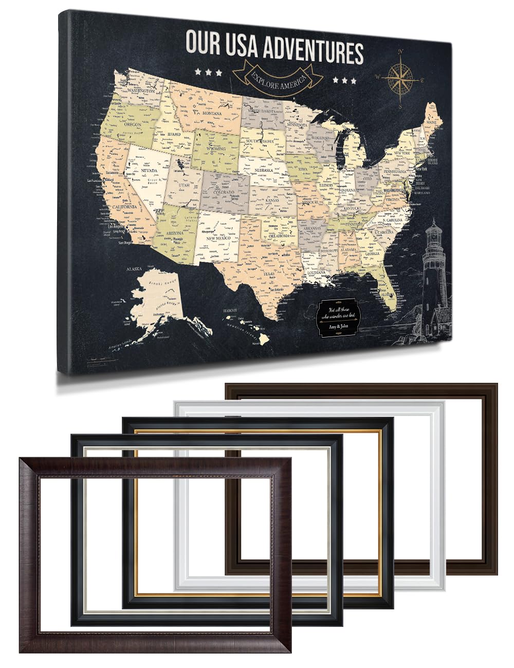 IPIC Personalized Vintage Framed USA Map Pin Board, Image Size 40x30 in