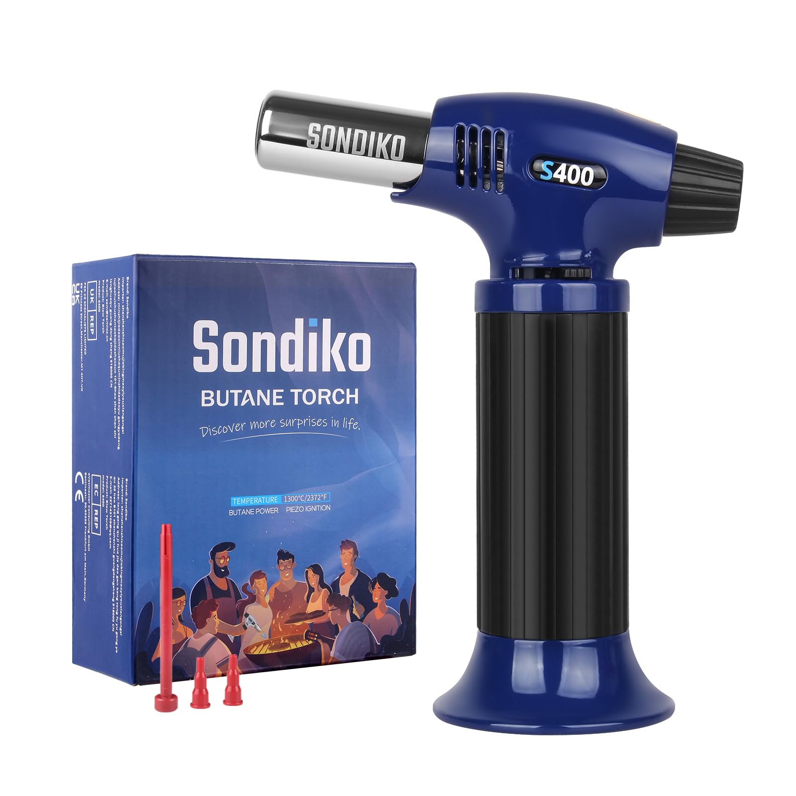 Sondiko Blow Torch S400, Refillable Kitchen Blow Torch, Fit All Butane Tanks Butane Torch with Safety Lock and Adjustable Flame for Desserts, Creme Brulee, and Baking (Butane Not Included), Blue
