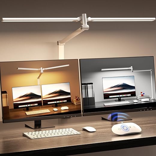 LED Desk Lamp, Double Swing Arm Wide Lighting Area Desk Lamps for Home Office with Stepless Dimming, Eye-Caring Architect Desk Light with Clamp for Reading, Study, Workbench, Drafting(White)