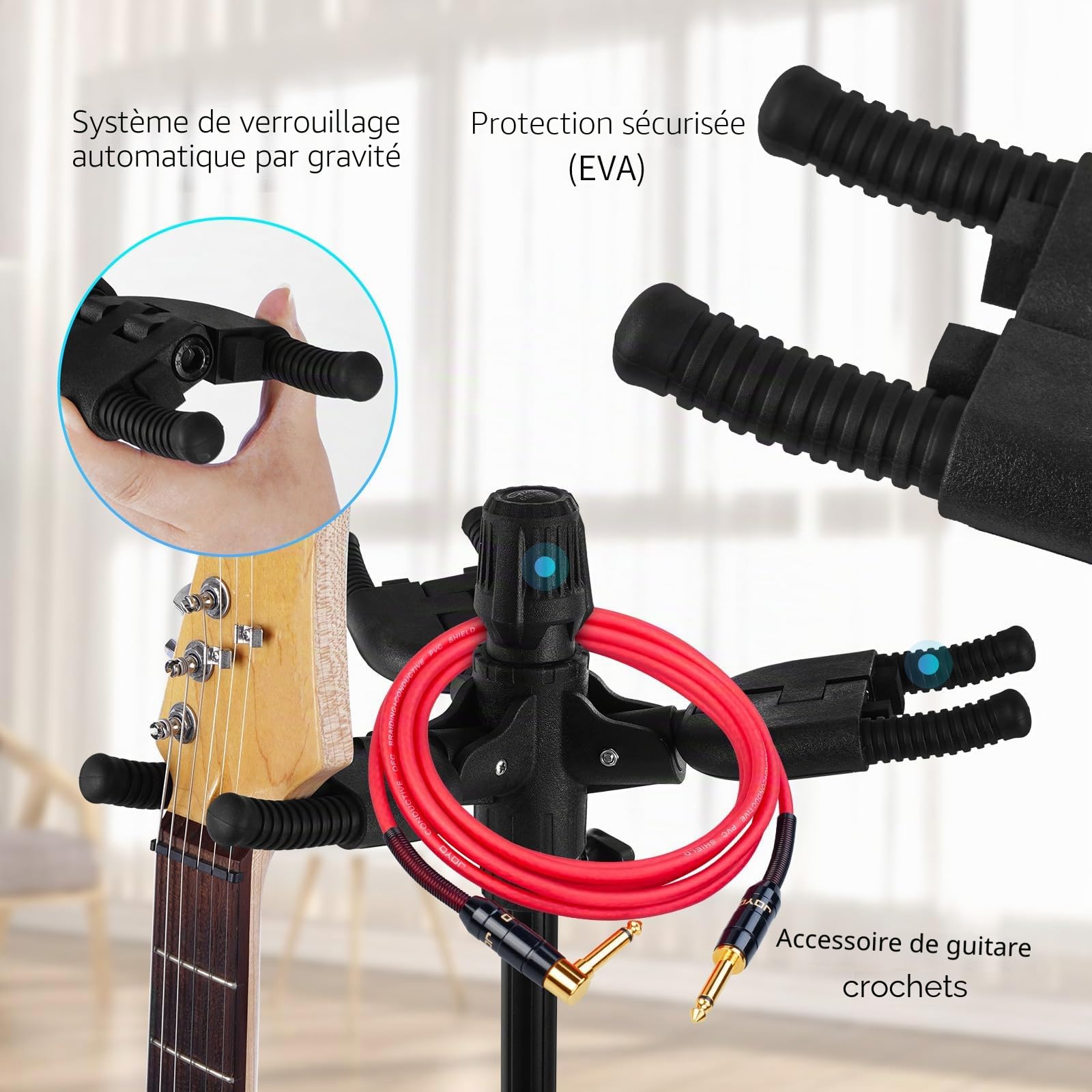 GUITTO Triple support de sol universel pour guitares acoustiques, électriques, basses, banjos, multi-guitares GGS-06T