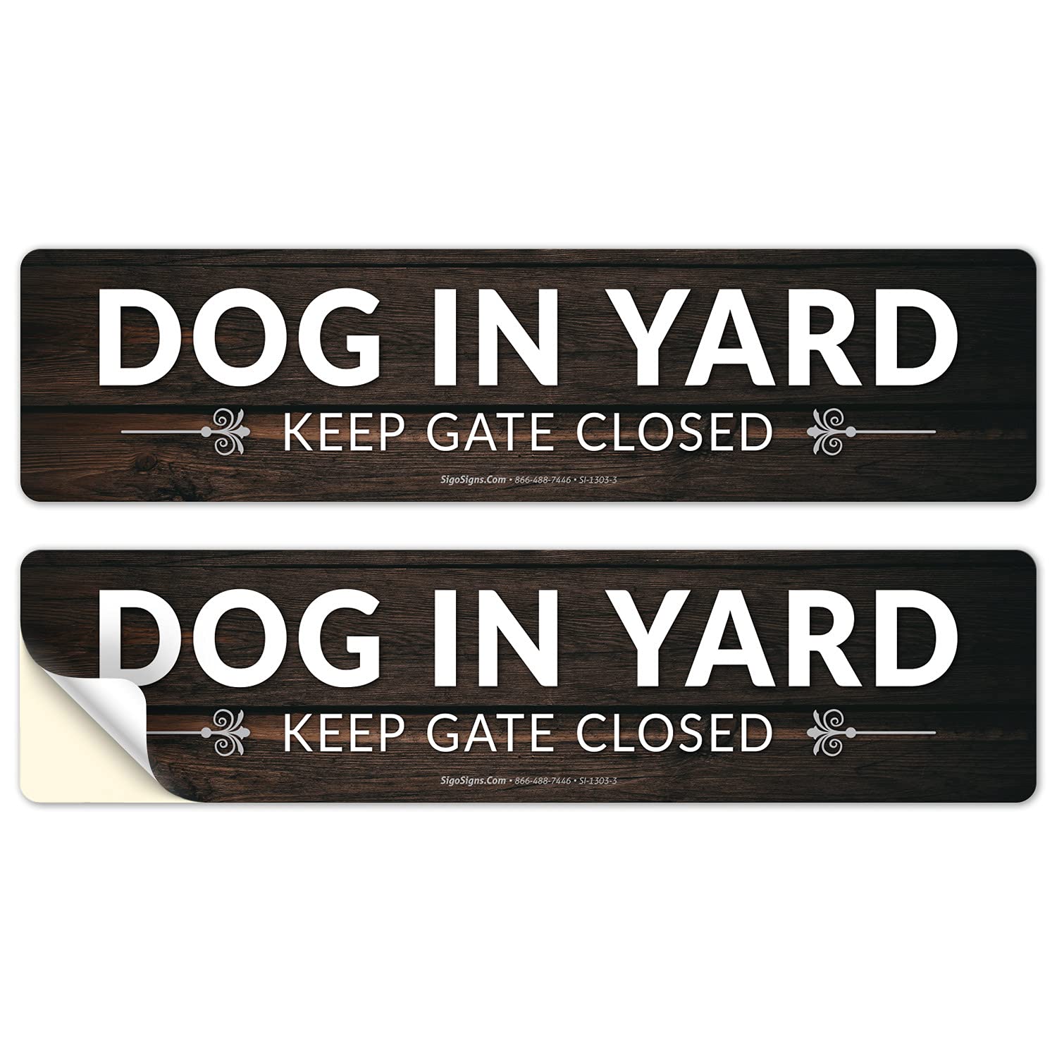 Dog in Yard Keep Gate Closed Wood Look Background Sign, (2 Pack) 3x12 Inches, 4 Mil Vinyl Decal Stickers UV Protected, Made in USA