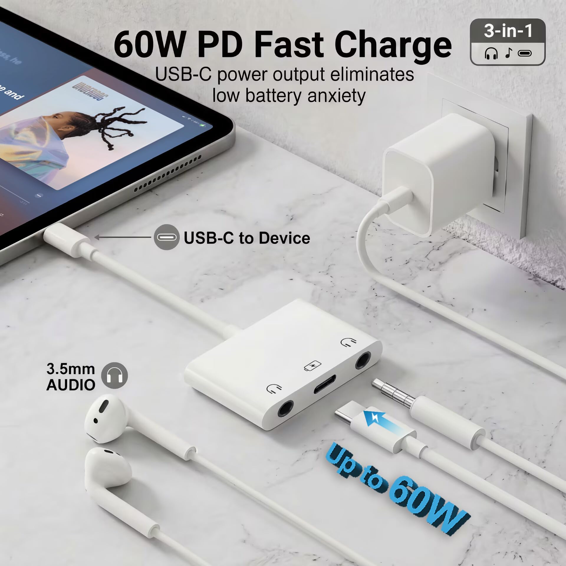 Adapter słuchawkowy USB C na podwójny 3,5 mm, adapter audio 3 w 1 USB C na 3,5 mm z szybkim ładowaniem PD 60 W, podwójny rozdzielacz słuchawek Aux na USB C, do iPhone'a 17/16/15, iPada Pro, Galaxy S26