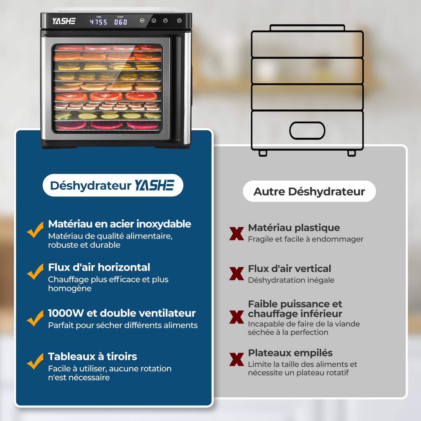 YASHE Déshydrateur Alimentaire en Acier Inoxydable, Température Contrôlée (35-75°C), Minuterie 48 Heures,9 Plateaux en Acier Inoxydable, 2 Tamis à Mailles,1 Plateau pour Rouleaux de Fruits,1000 Watts