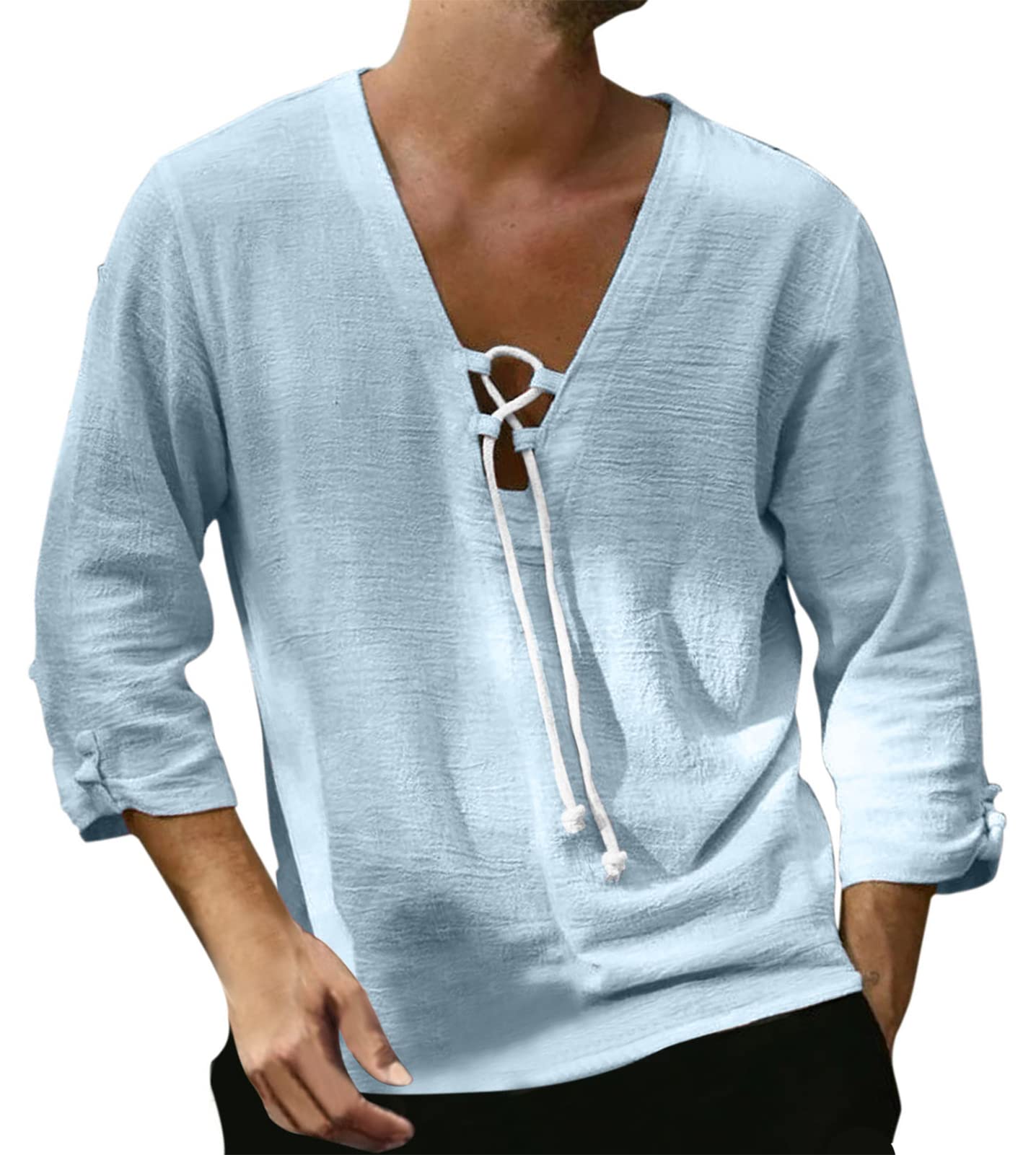 KEOYAMen’s Solid Color Lace Up Cotton Linen Casual Loose Shirt Lightweight Collarless Beach Style for Summer