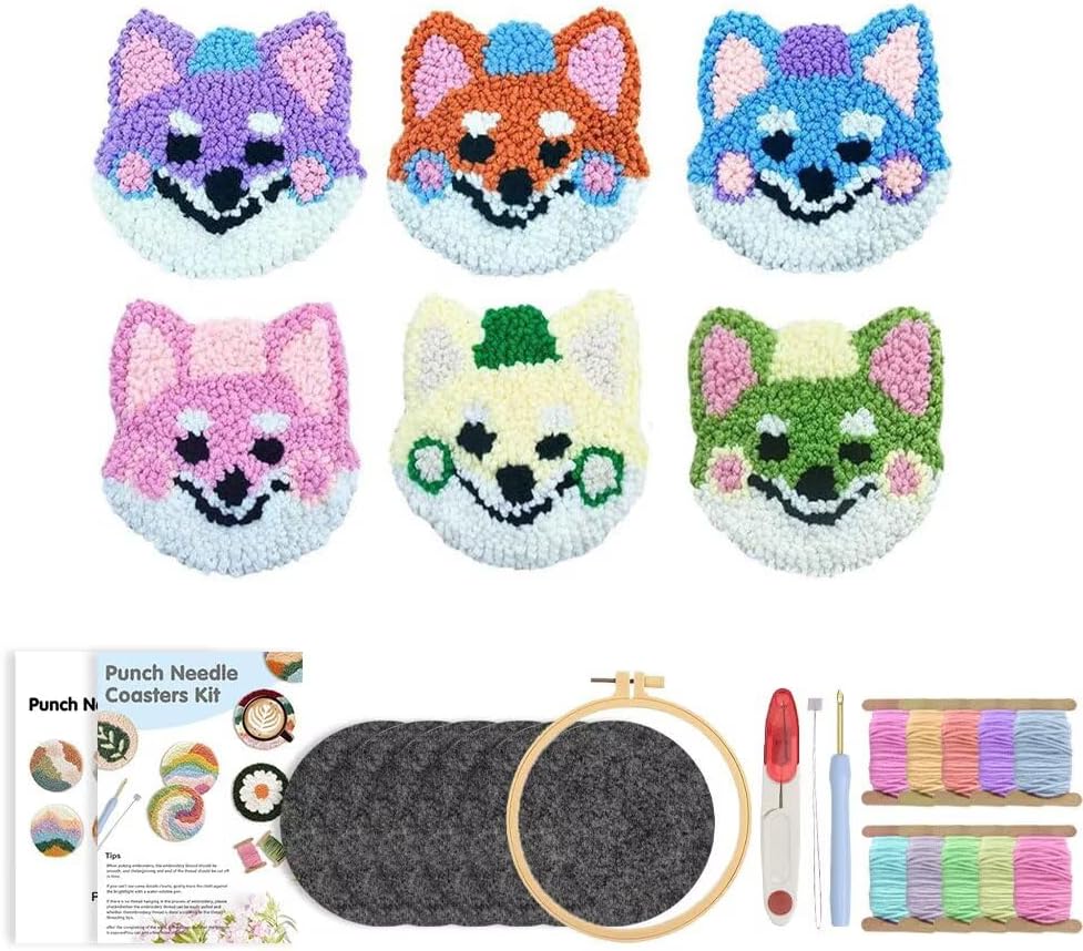 Punch Needle Coaster Kit 6 Patterns Fox Tufted Rug Pads, DIY Needle Punch Coaster Kit for Adults Beginners with Adhesive Felt Yarns Embroidery Hoop Tools Instruction