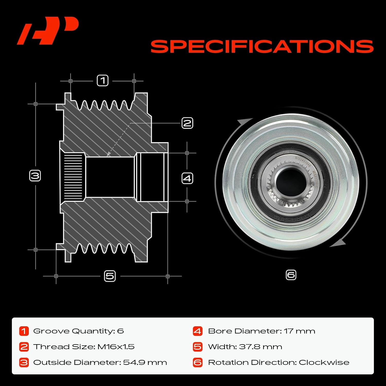 A-Premium Alternator Freewheel Clutch Pulley, 6 Grooves, Compatible with Hyundai Sonata 2011-2014, Santa Fe 2010-2012, Tucson 2014-2015 & Kia Optima 2011-2014/2016, Sorento, Sportage, 2.0L 2.4L, CW