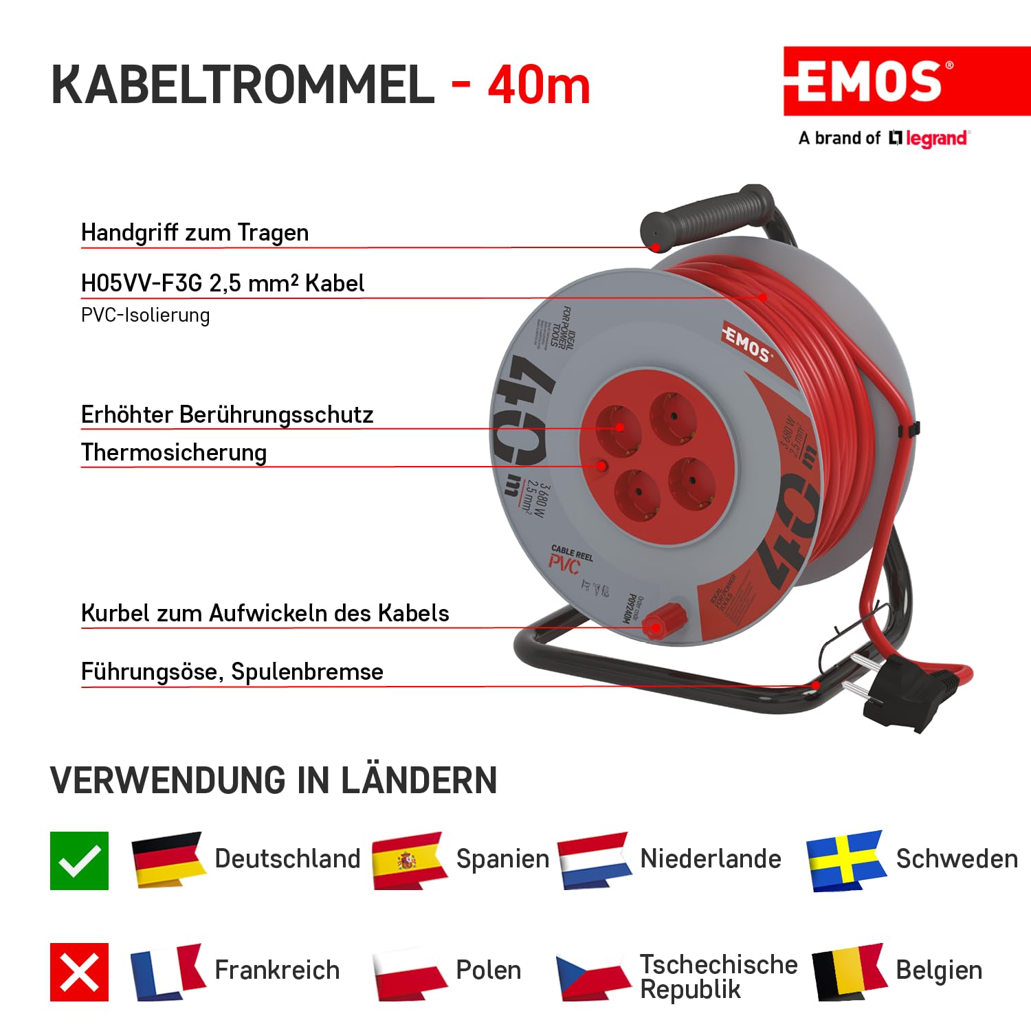 Emos 3x2,5mm² Kabelhaspel 40m - Neopreen - BJC Tools