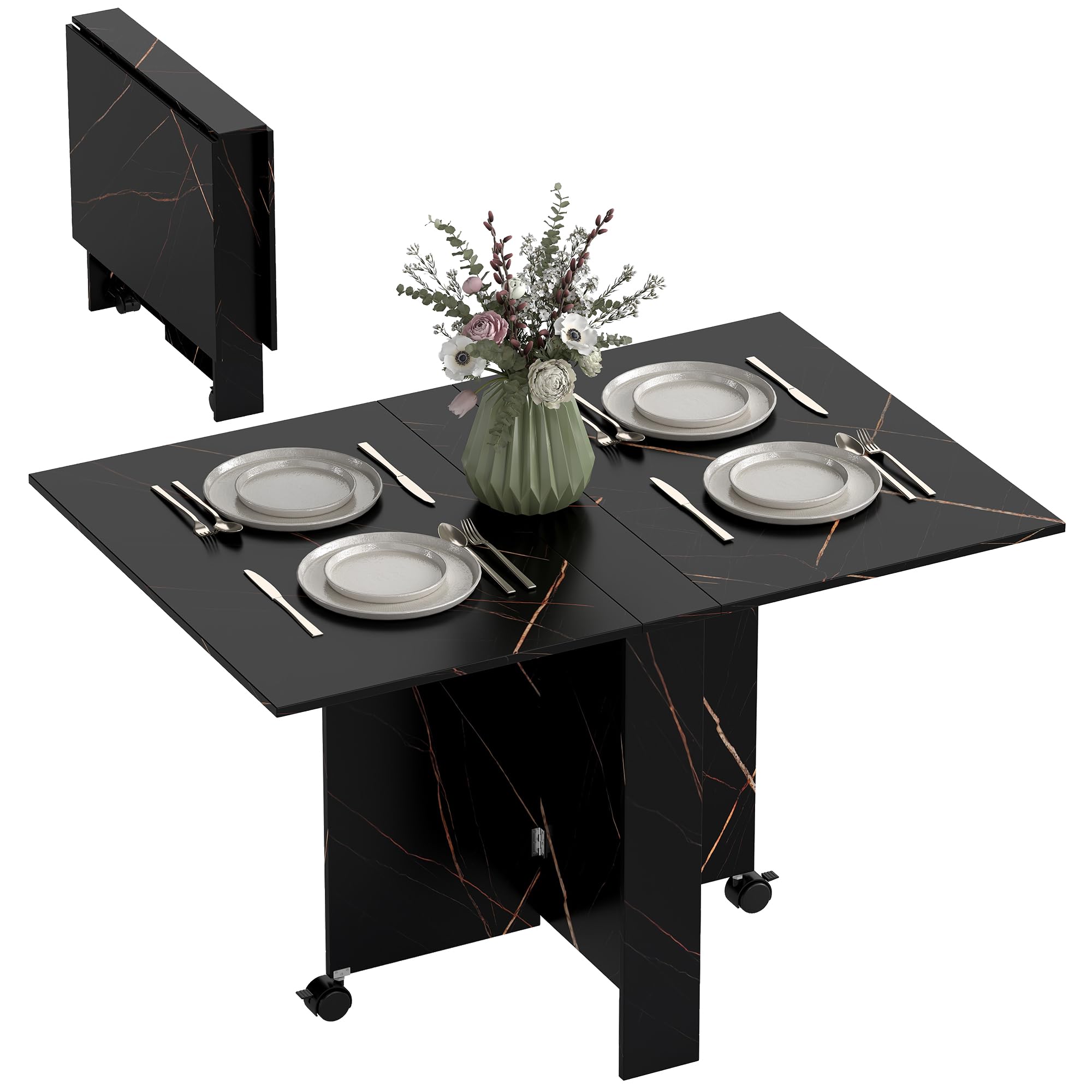 HOMCOM Mesa Plegable de Comedor Ruedas 120x80x73 cm Negro con Efecto Mármol | Mesa de Cocina Plegable, Alas Abatibles, Hasta 6 Personas, para Salón, Espacio Pequeño