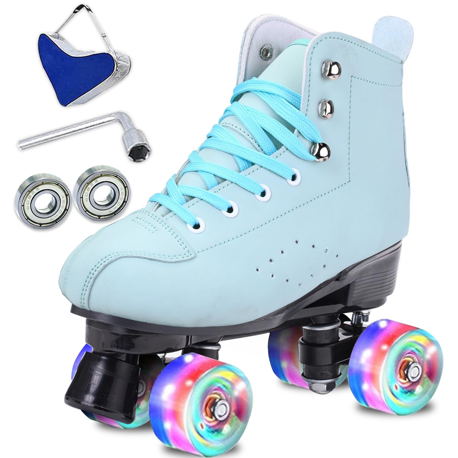 SCNUT Skates Women's Men's High Top Black PU Leather Skates Classic Double Row Skates Adjustable Outdoor Indoor Quad Skates and Roller Derby (Green Flash, 43-Women's 9.5 / Men's 8.5)