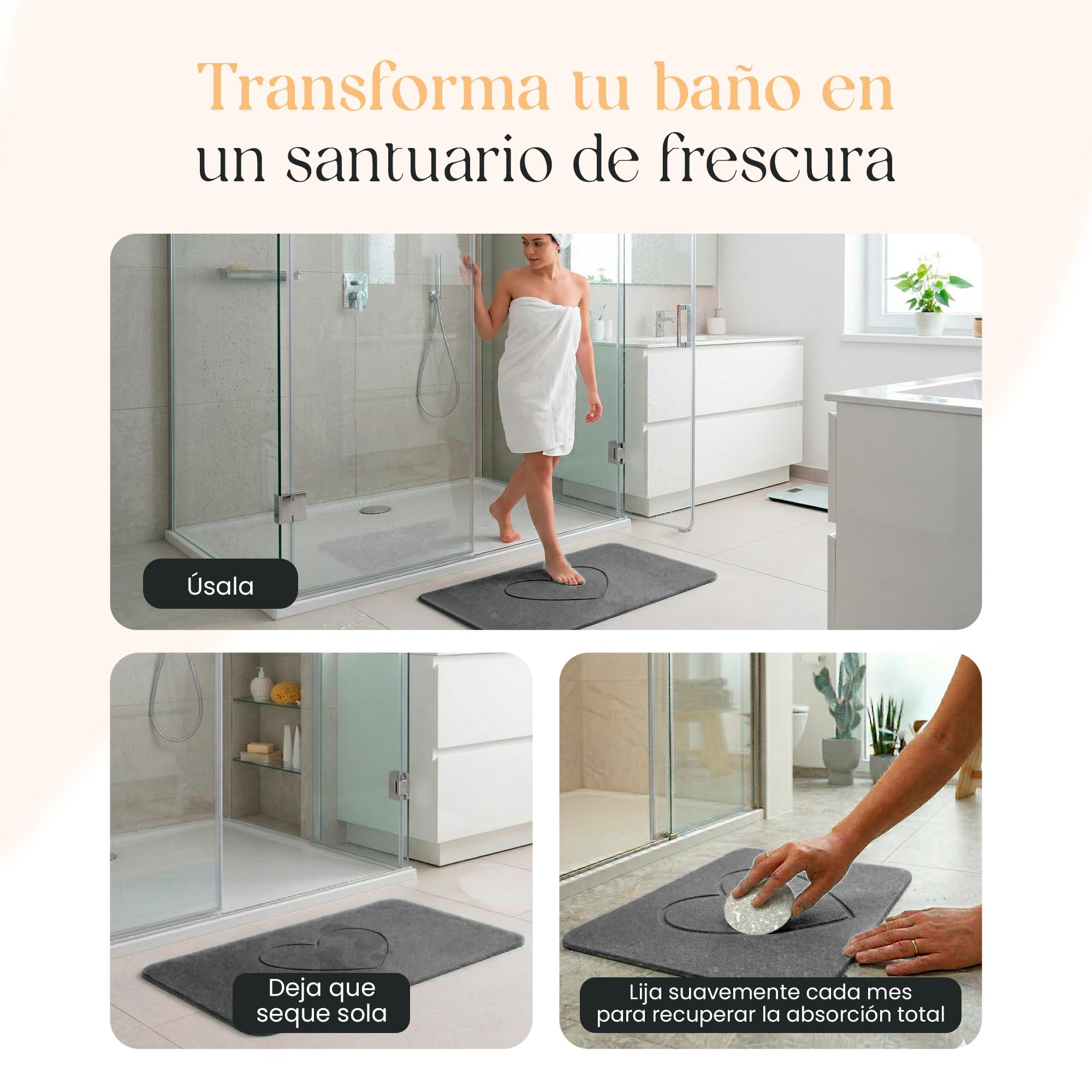 Alfombra Diatomita Baño Grande 75x45cm - Antideslizante y de Secado Rápido - Alta Absorción- Antimoho - Base de Goma y Lija, Alfombrilla Baño Diatomita - Color Gris