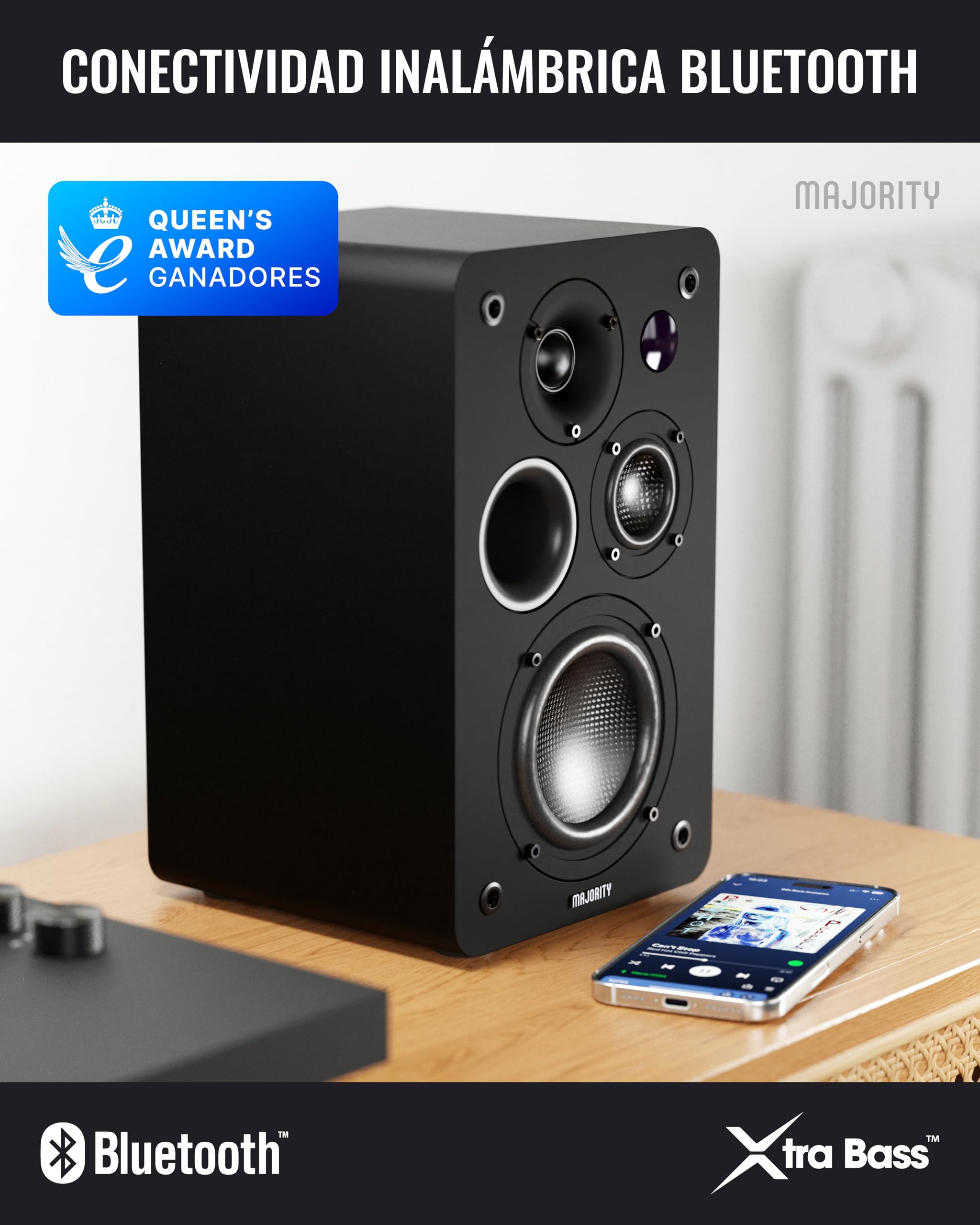 MAJORITY D100X Altavoces Bluetooth Activos | Altavoces HiFi Estéreo 2.0 | 100W | Altavoz para PC, TV, Giradiscos | HDMI ARC, Phono, RCA & AUX (Negro)