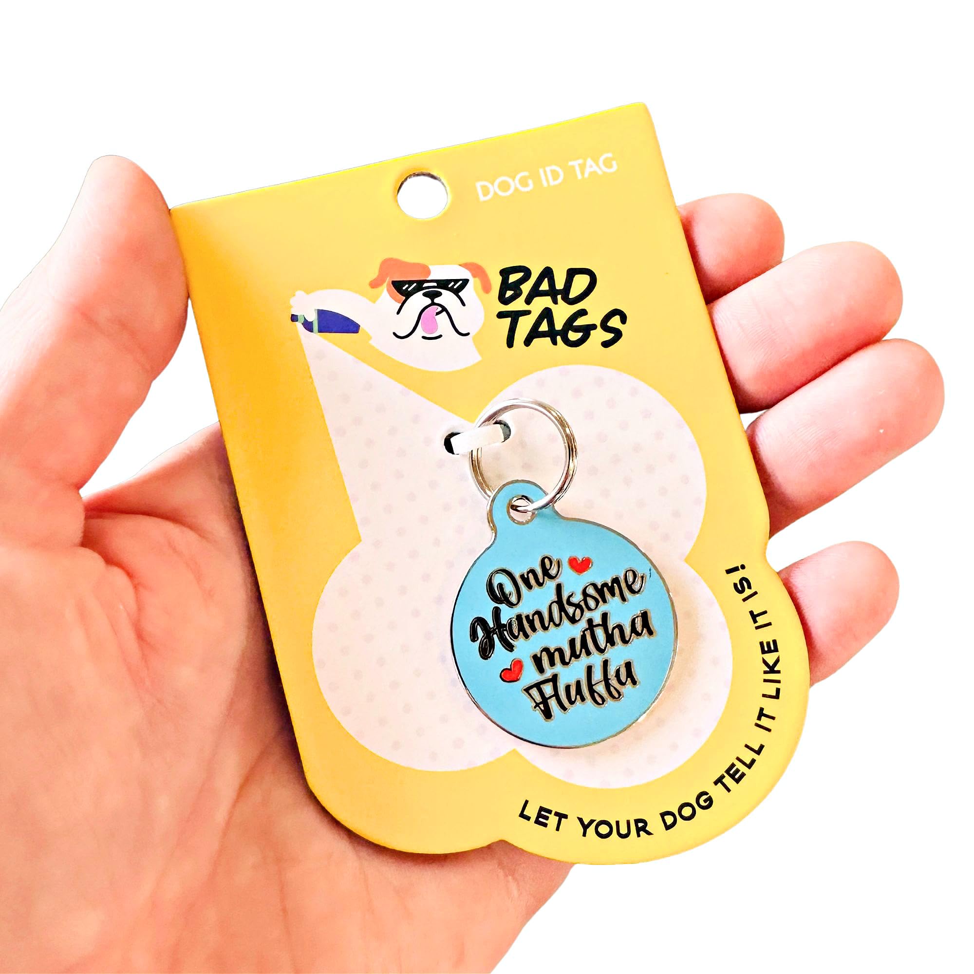 Bad Tags Pet ID Tag - Cute & Funny Dog Tags - Unique Dog Tags with QR Code Engraved on Backside and Personalized Online Pet Profile (One Handsome Mutha Fluffa)